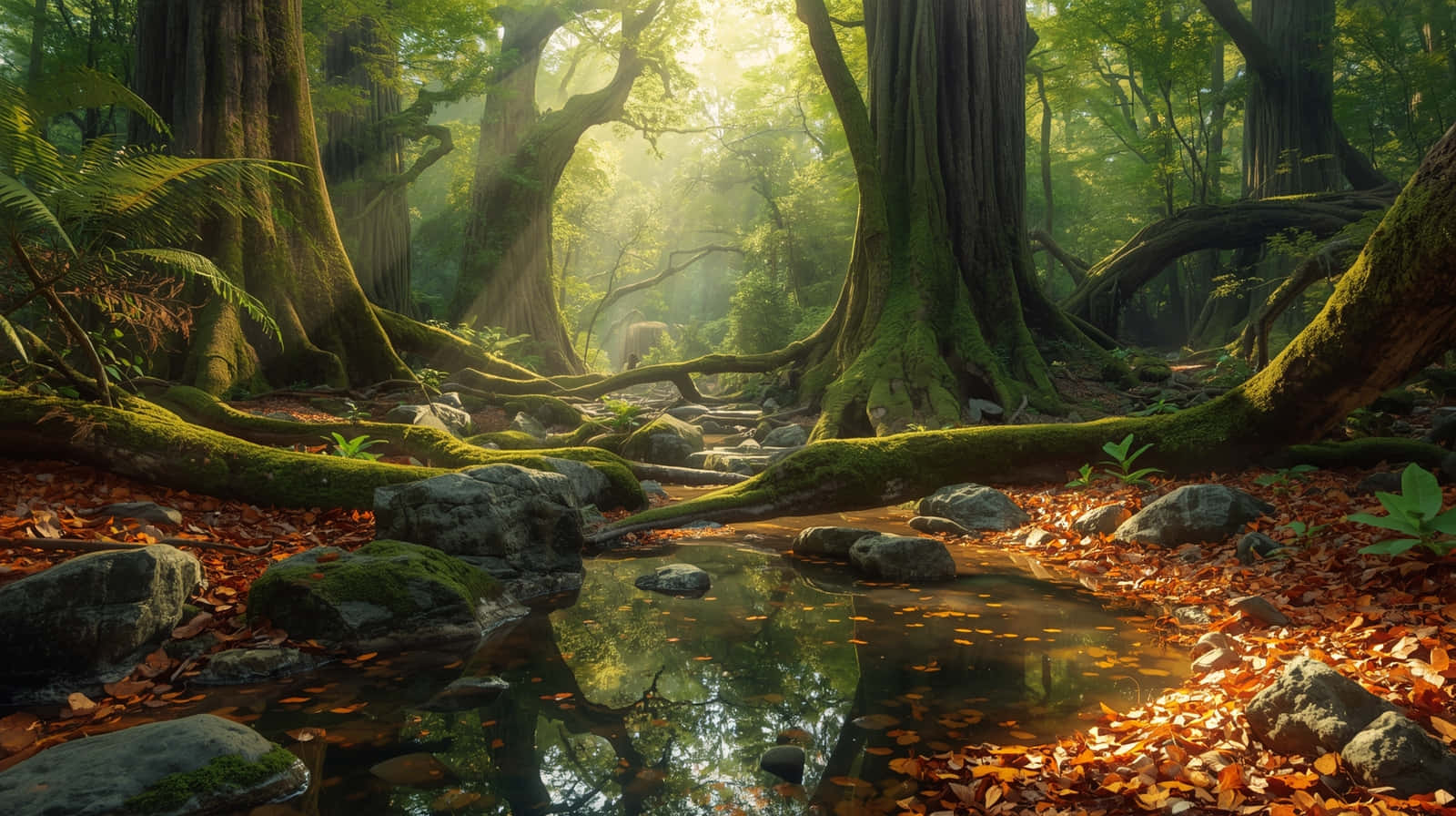 1600x896 Download Deep Jungle River with Ancient Mossy Trees Landscape Wallpaper