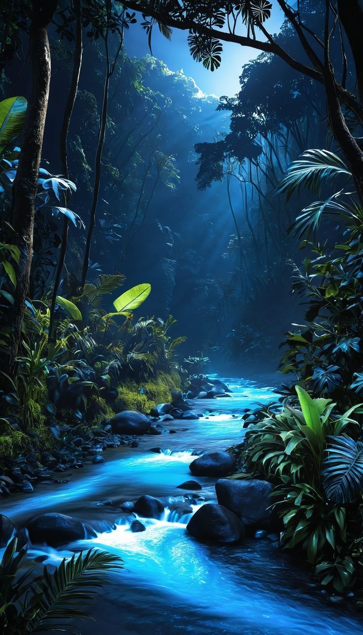 736x1288 Aesthetic Dark Jungle with Bioluminant Water Stream