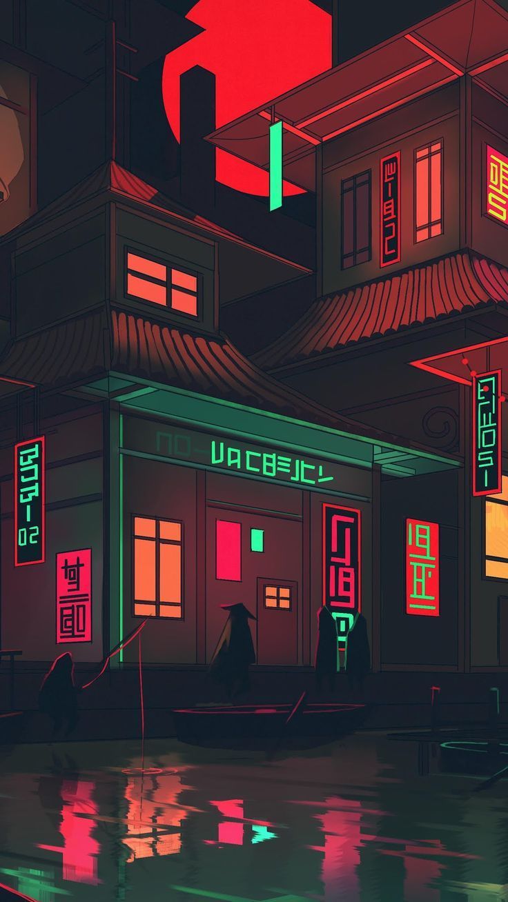 736x1308 Hotel Aesthetic Neon Building Illustration. Neon lofi wallpaper, Retro futuristic japan background, Green vaporwave wallpaper