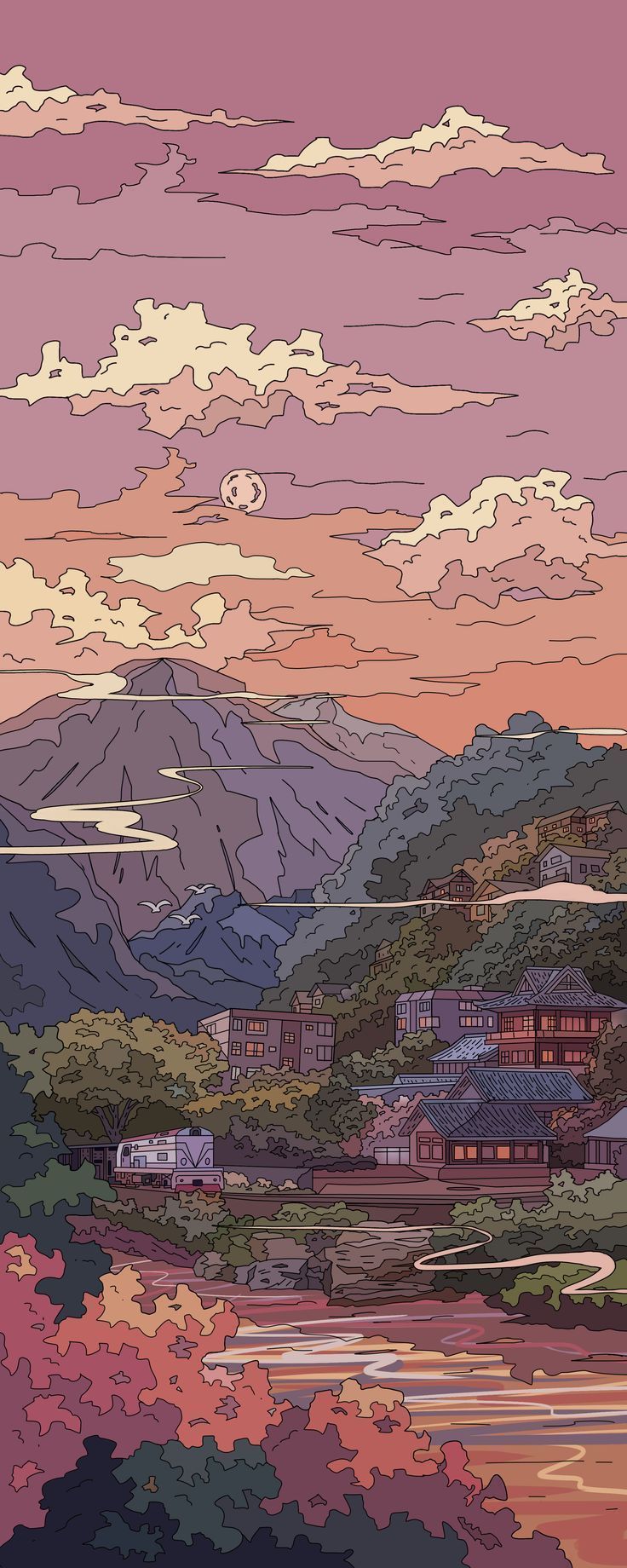 736x1840 Majestic Mountain Landscape Wallpaper. Japan drawing wallpaper, Chill background wallpaper, Lofi vibe aesthetic
