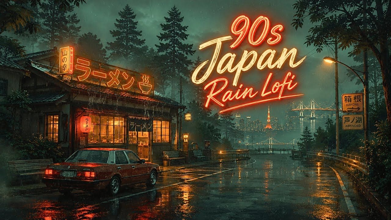 1280x720 90s Japanese Rainy Night Lofi. Cozy Street Cafe Music for Relaxing