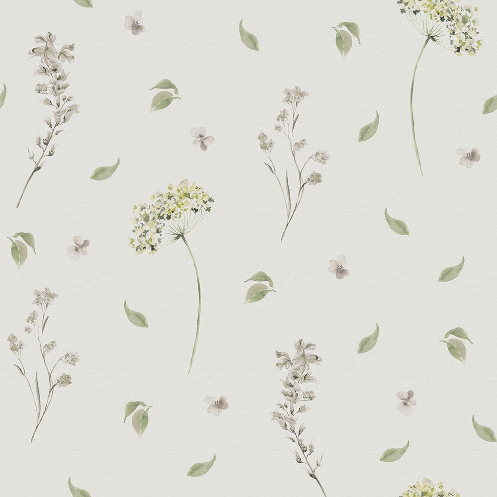 1000x1000 Sweet Meadow Wallpaper in Sage Green on Linen Cream