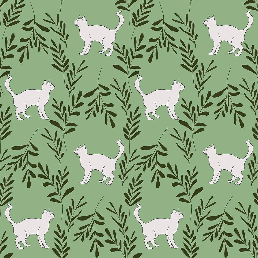 894x894 VaryStyle Green Cat Wallpaper Sage Green Cats Fern Leaf Floral Peel and Stick Wallpaper for Nursery Bedroom Removable Self Adhesive Animal Print Contact Paper for Walls Cabinets Drawers 17.7x118