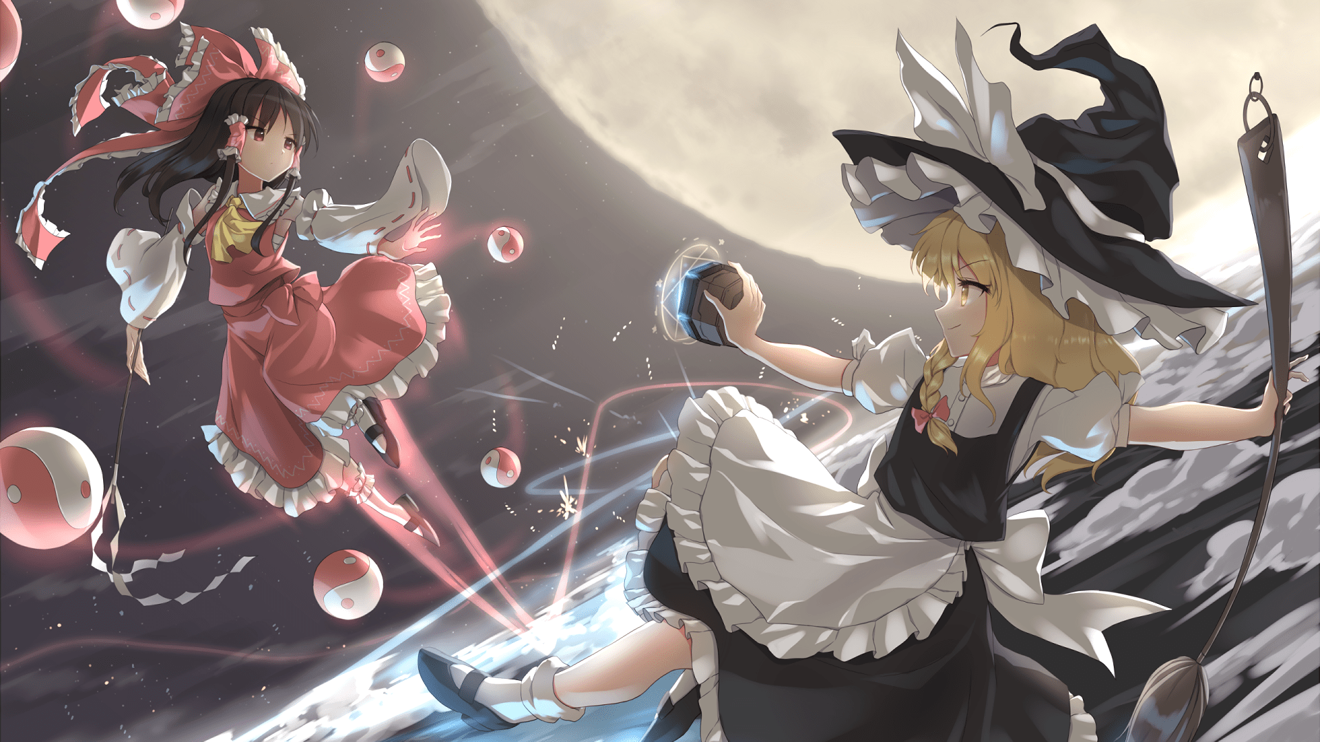 1920x1080 Touhou HD Wallpaper: Marisa Kirisame & Reimu Hakurei Moonlight Duelx1080