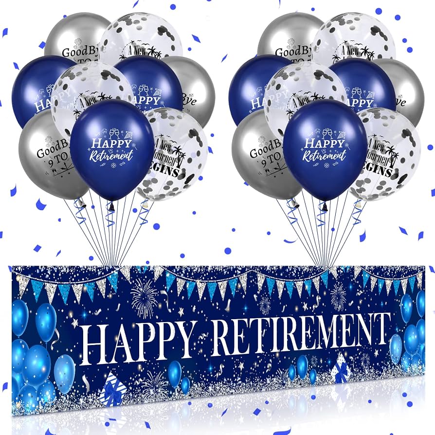 894x894 Navy Blue Silver Happy Retirement Banner Yard Sign with 18pcs Balloons Party Photo Booth for Men, Women & Office Farewell Party Supplies : Toys & Games