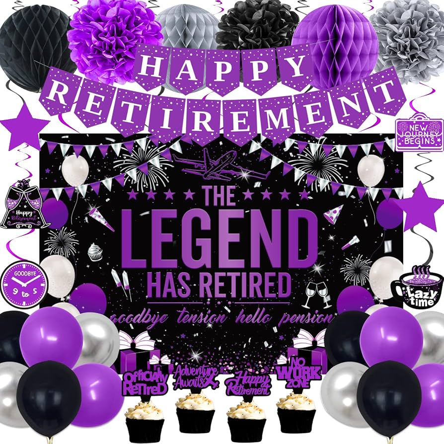 894x894 Retirement Party Decorations Women, Purple Black Happy Retirement Decorations Female, Happy RetIrement Banner, Retired Backdrop, Balloons, Pompoms, Hanging Swirls, Retired Cake Topper, 54pcs : Home & Kitchen