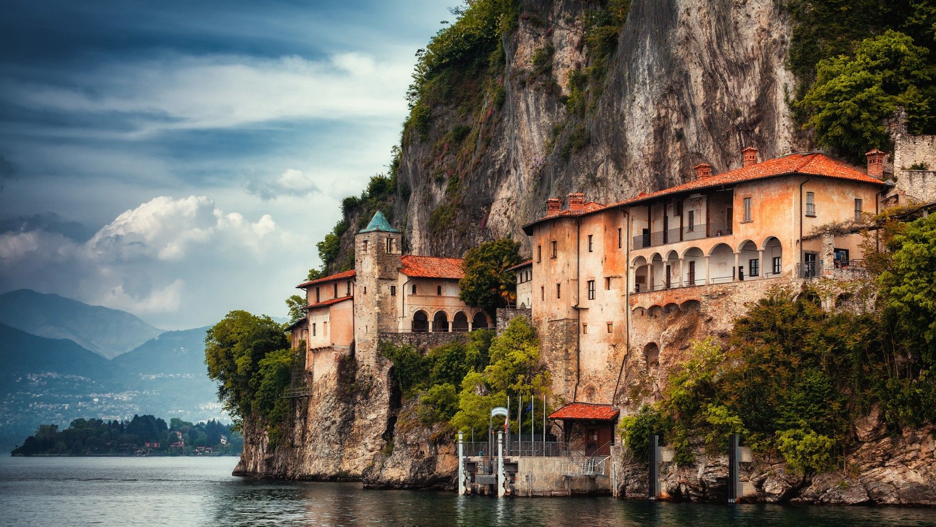 1920x1080 Italy Lake Maggiore Lombardy Monastery Rock HD Travel Wallpaper