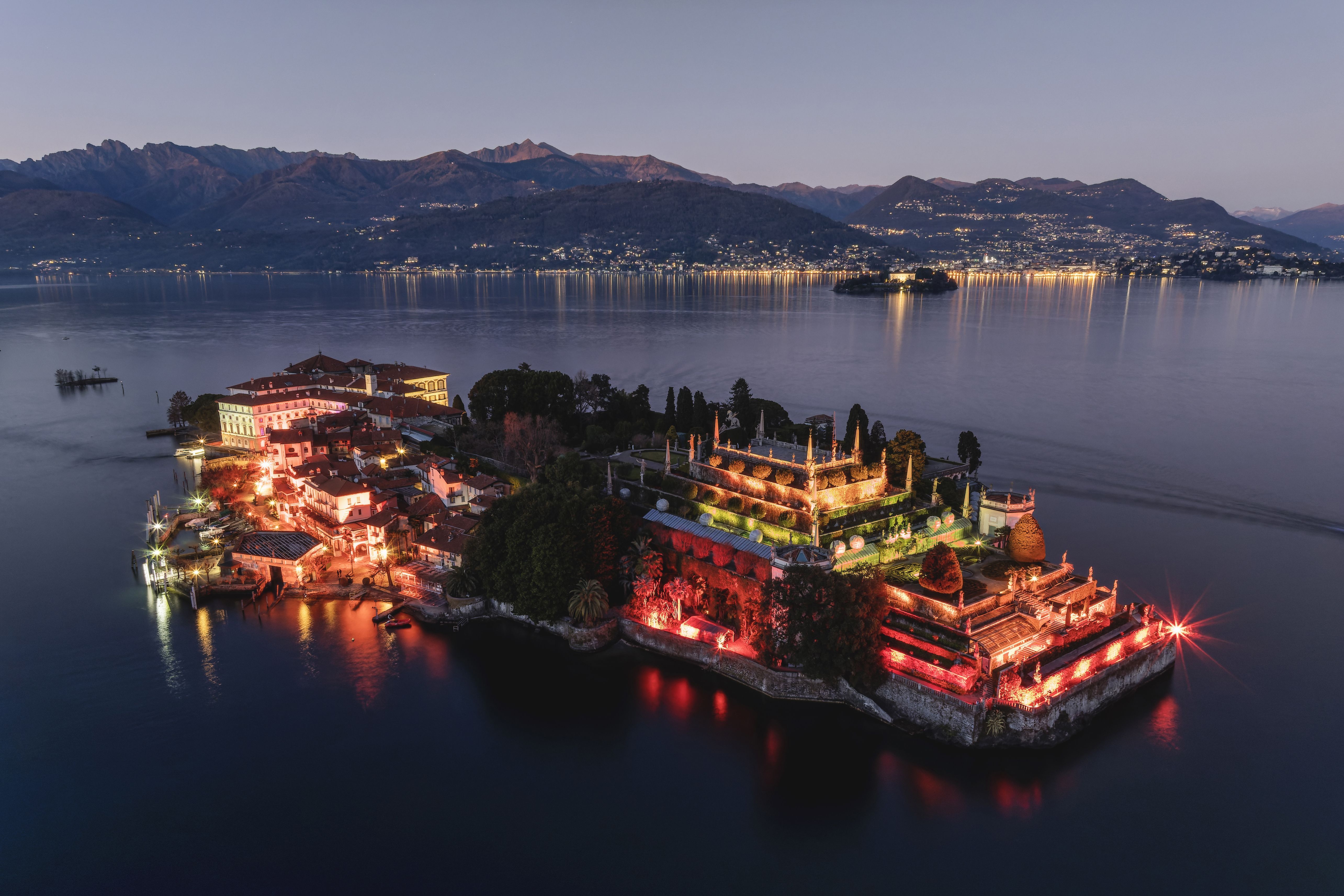 5138x3426 Aerial View of Isola Bella at Night on Lake Maggiore · Free