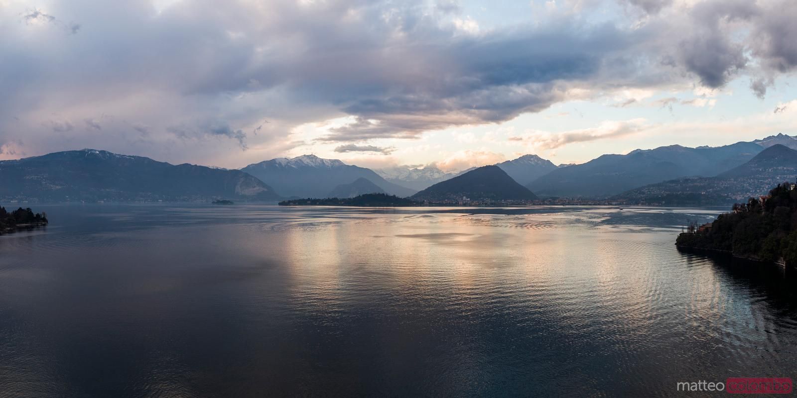 1600x800 Aerial panoramic of Borromean islands at sunset on lake Maggiore, Italy. Royalty Free Image