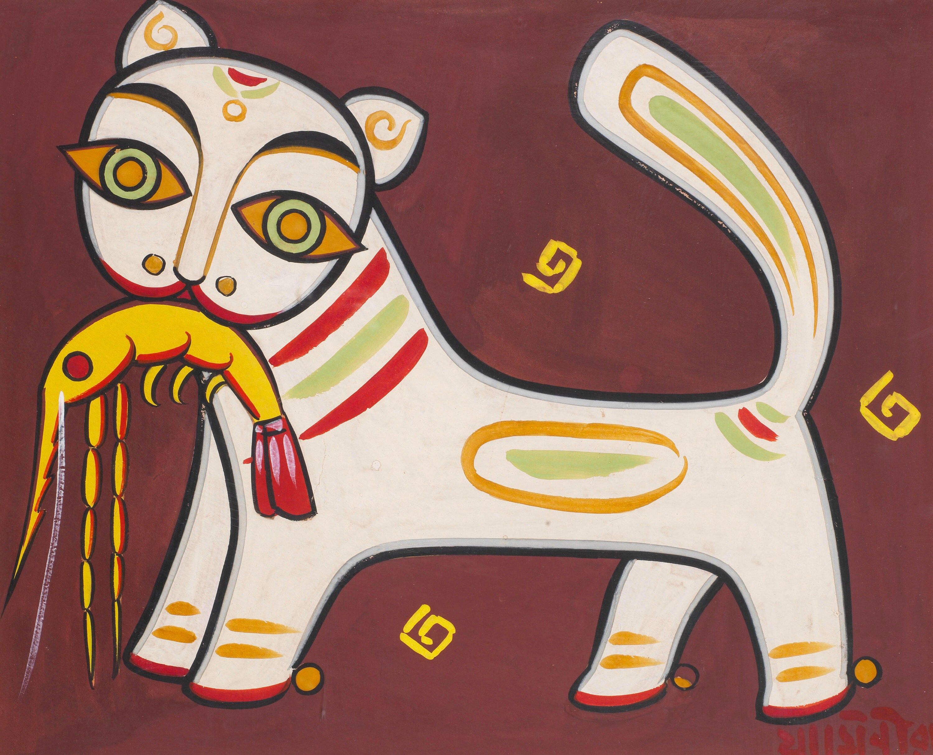 3000x2428 Jamini Roy Cat with Shrimp Art Print: Indian Folk Art