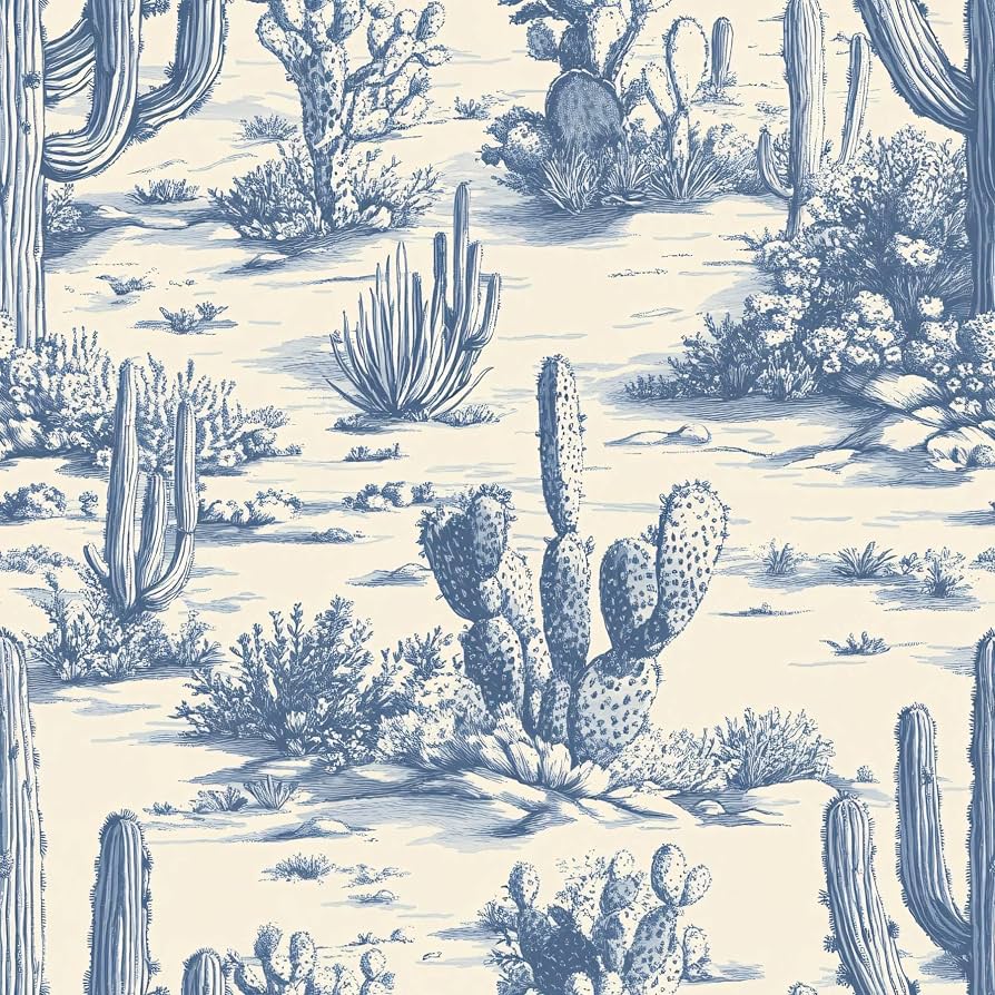 894x894 LaiTique Southwestern Peel and Stick Wallpaper, Cacti Desert Wallpaper, Self Adhesive Vinyl Blue Wall Paper for DIY Home Decor, 17.7in x 118in