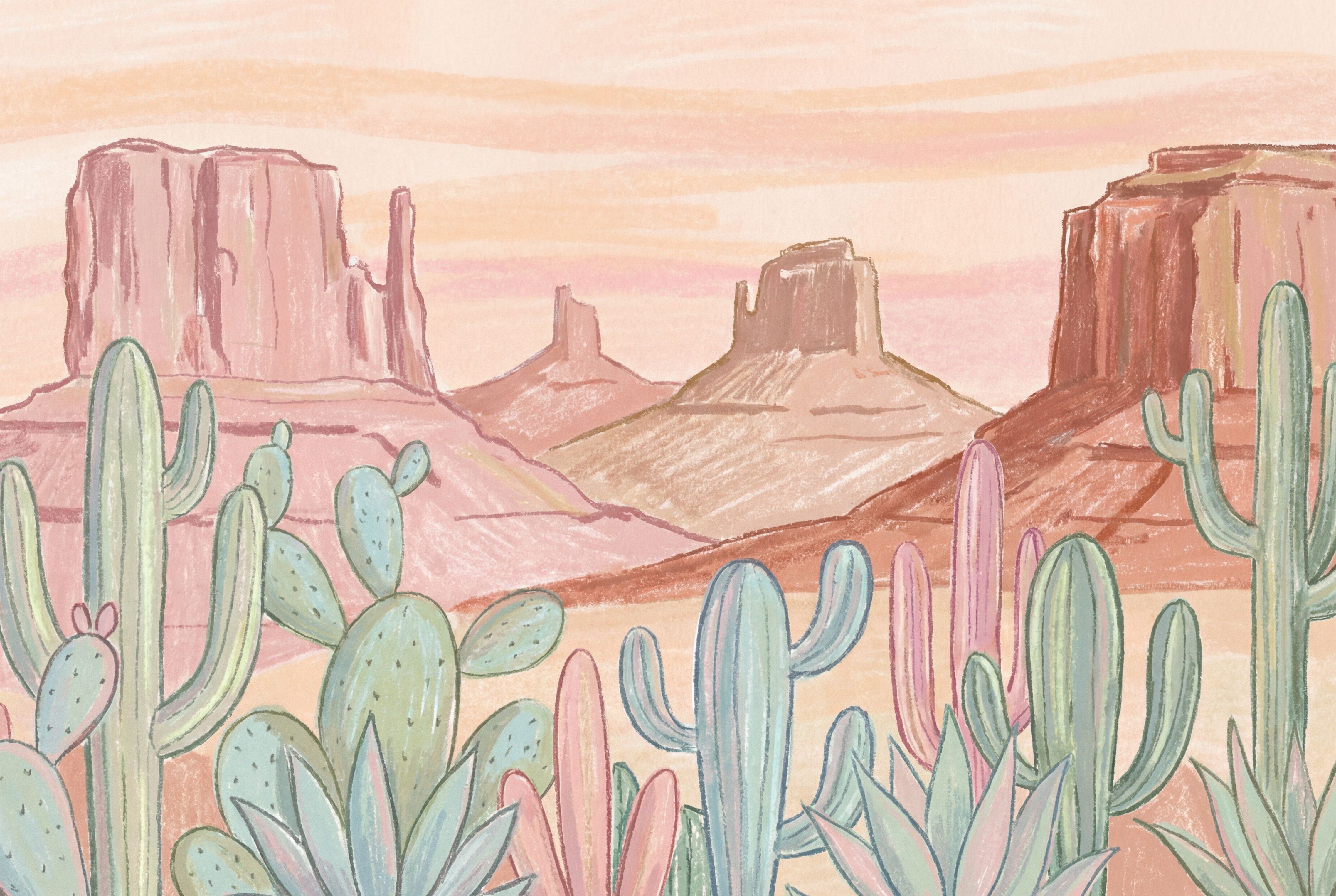 4550x3052 Lark Manor™ Pastel Desert Wallpaper Southwestern Landscape Cactus Wall Mural