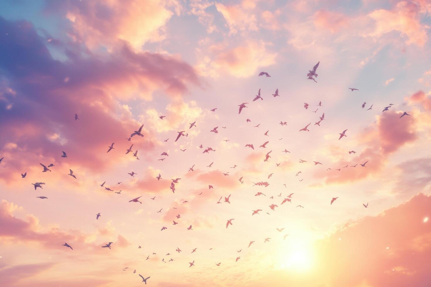1470x980 Birds flying in the sky at sunset