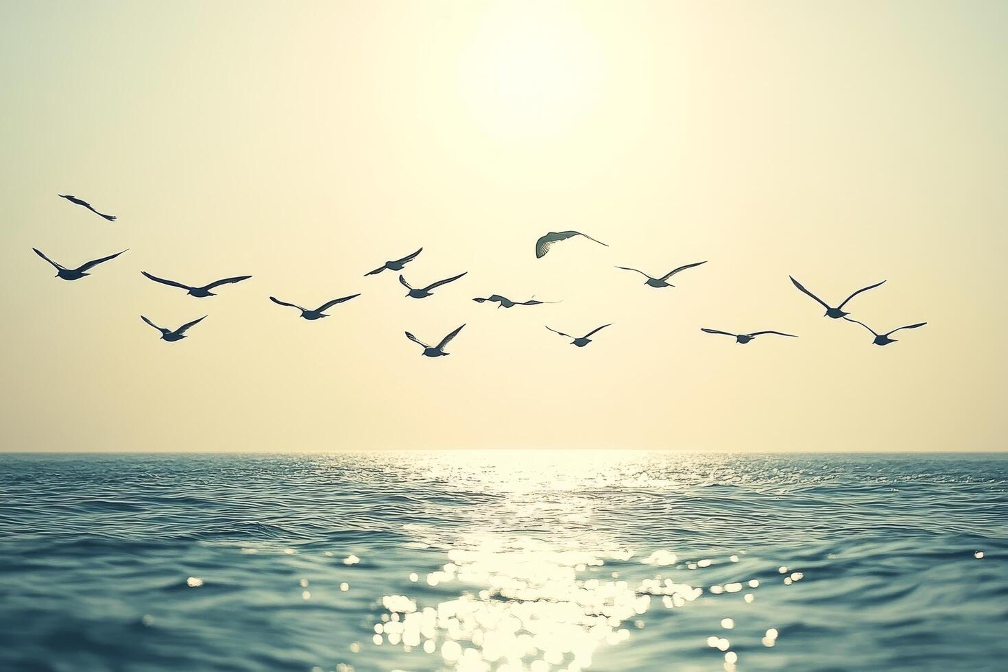 1470x980 A flock of birds flying over the ocean