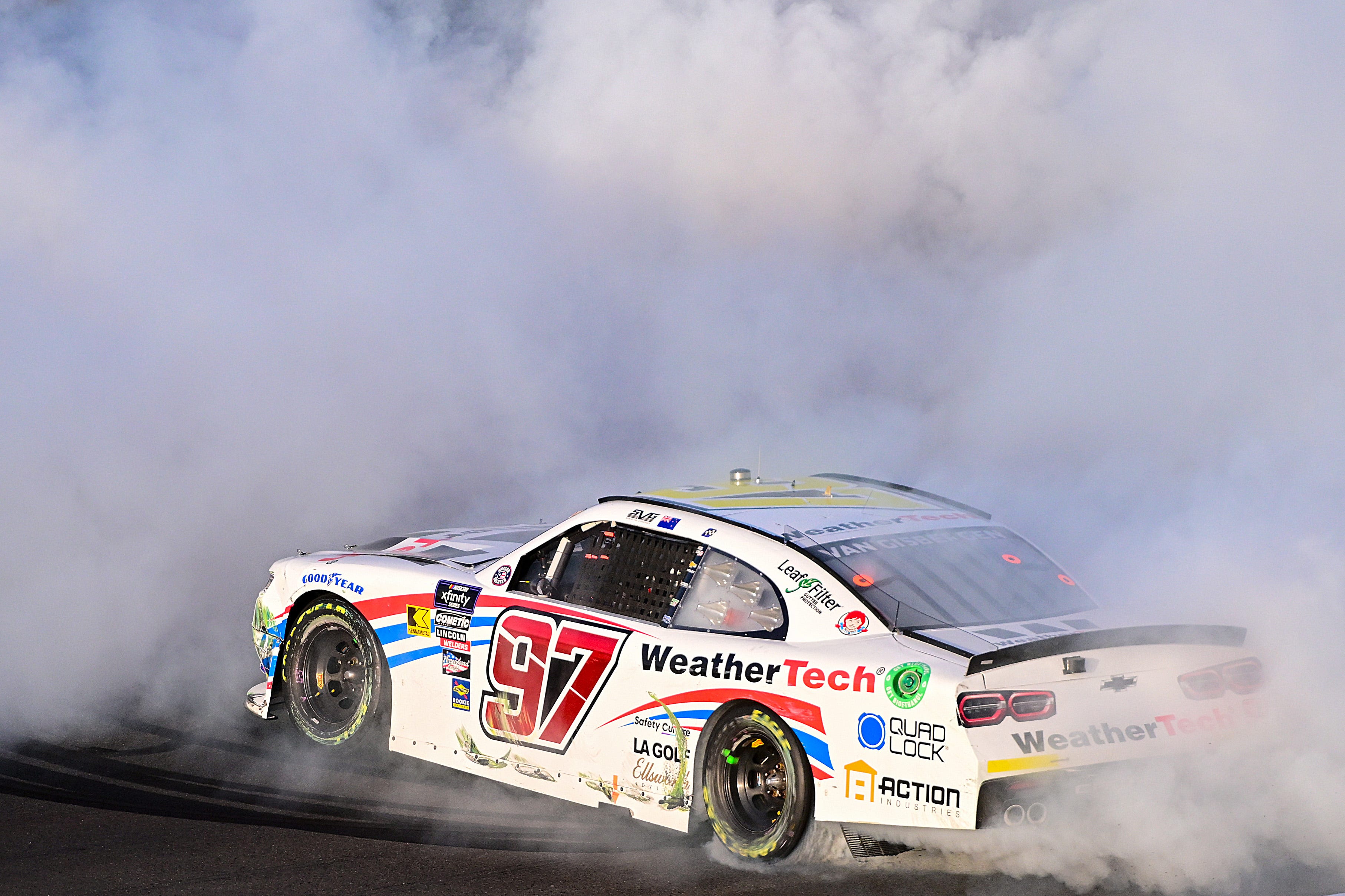 3627x2418 SVG Drifts in Celebration of Second Straight Xfinity Win, Austin Hill Watches From Rearview Mirror