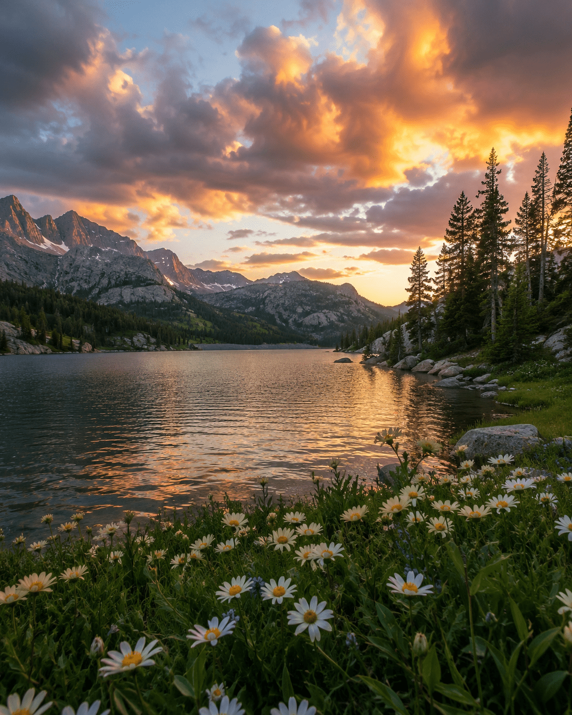 1122x1402 Wallpaper Brooke Henderson A Lake Surrounded By Trees And Flowers With Mountains In The Background