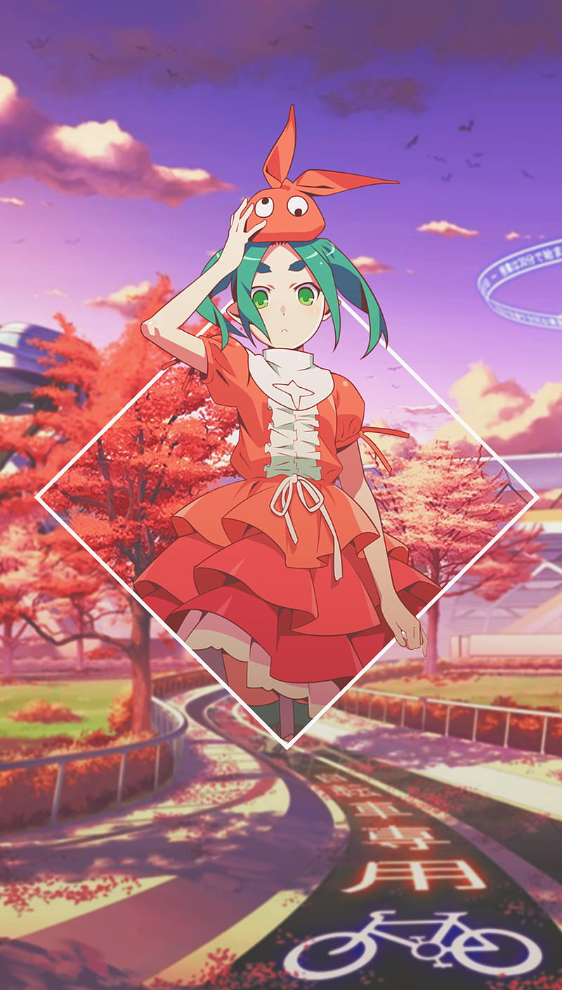 800x1409 Anime, anime girls, -in-, green eyes, trees, dress, street, Ononoki Yotsugi, HD phone wallpaper