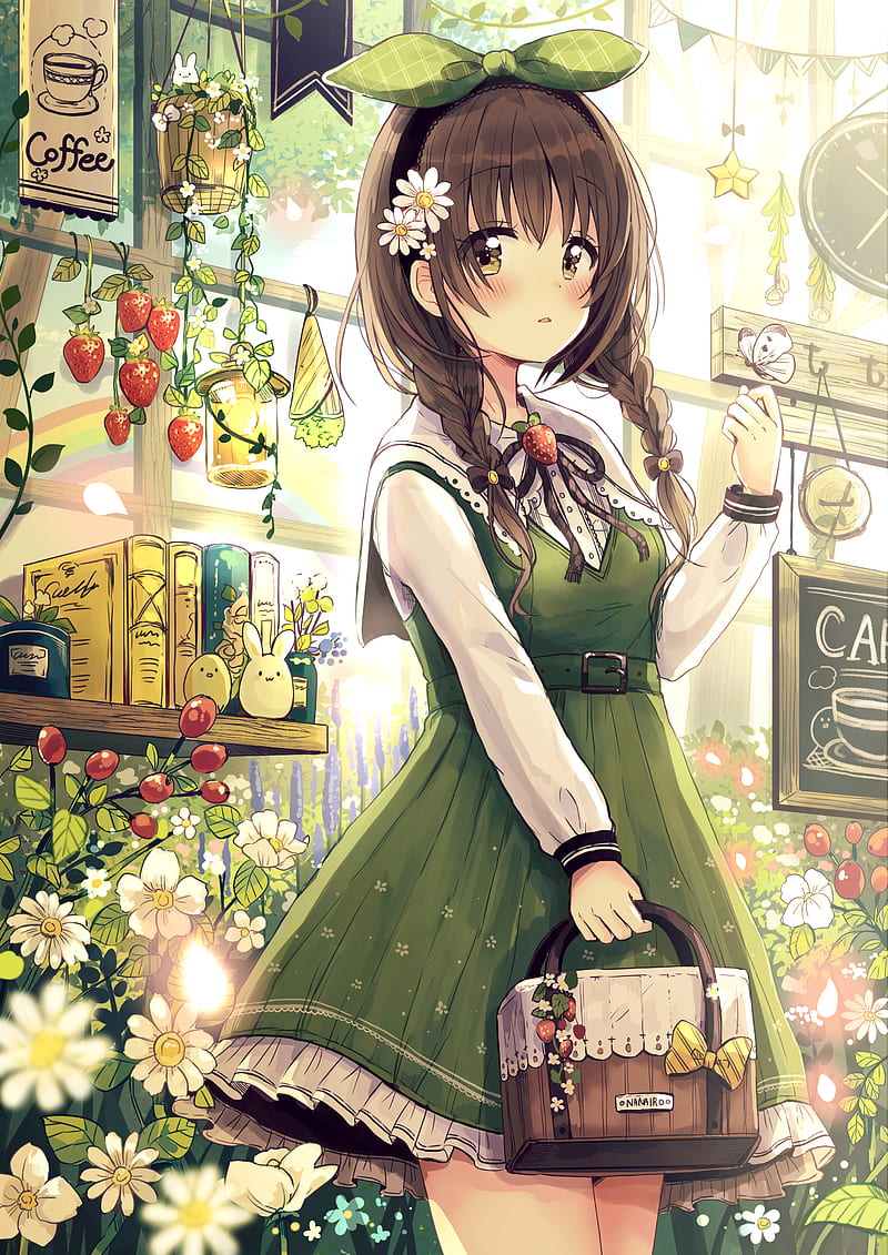 800x1131 Anime, anime girls, brunette, green dress, flowers, flower in hair, HD phone wallpaper