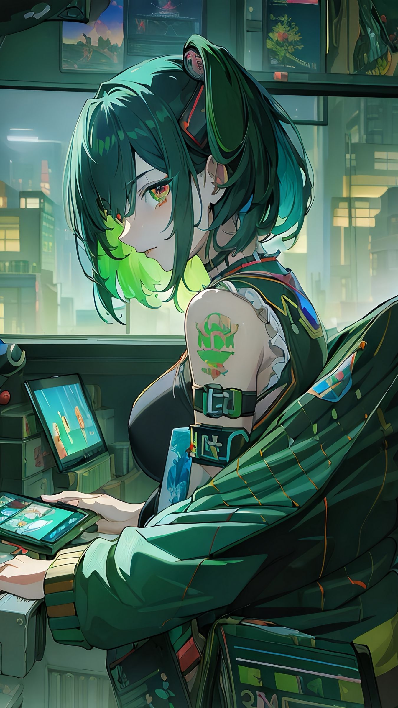 1350x2400 Download wallpaper 1350x2400 girl, hacker, window, green, anime iphone 8+/7+/6s+/for parallax HD background