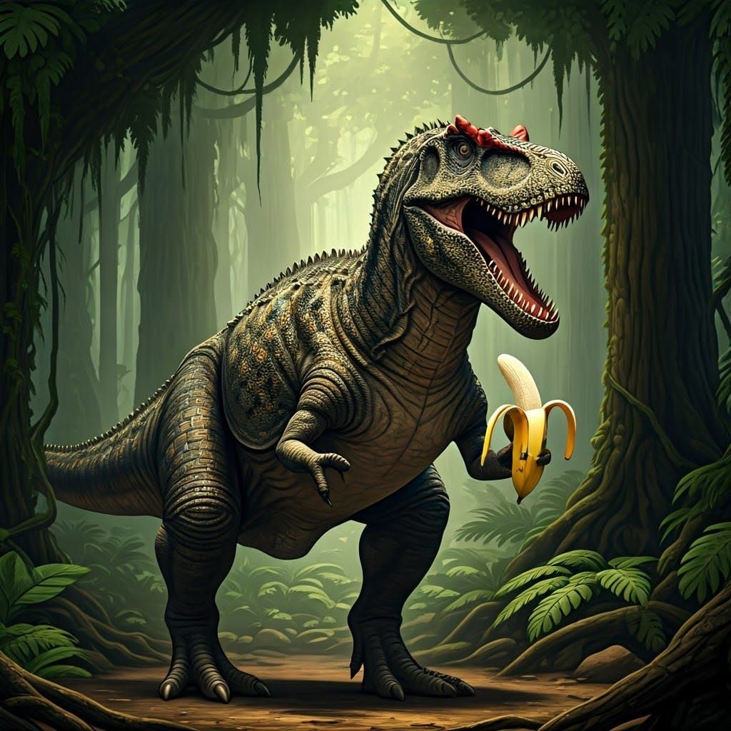 1024x1024 A gigantosaurus eating a banana Peeling Bana