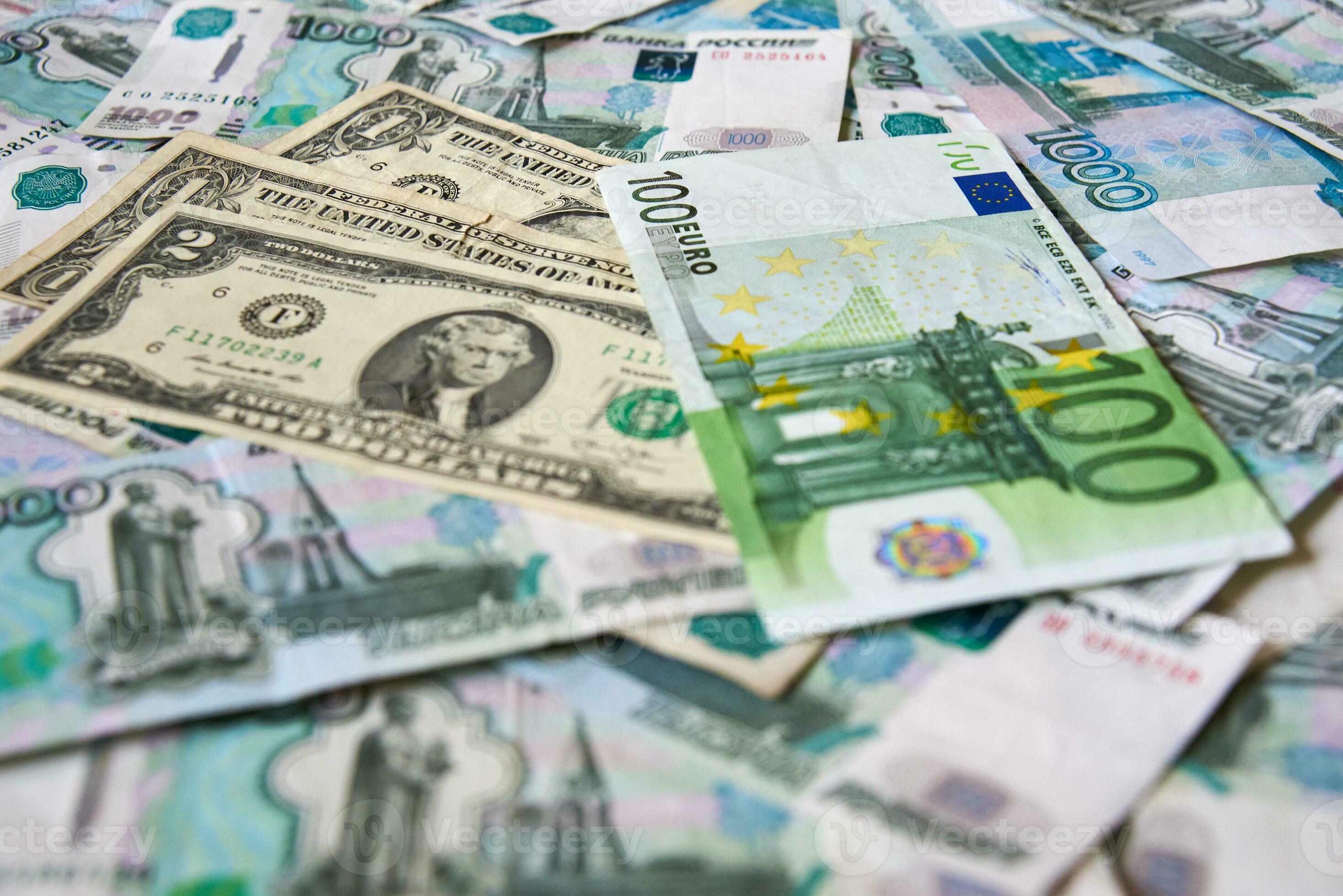 2936x1960 background of paper bills dollars, euros and rubles. Currency exchange rate