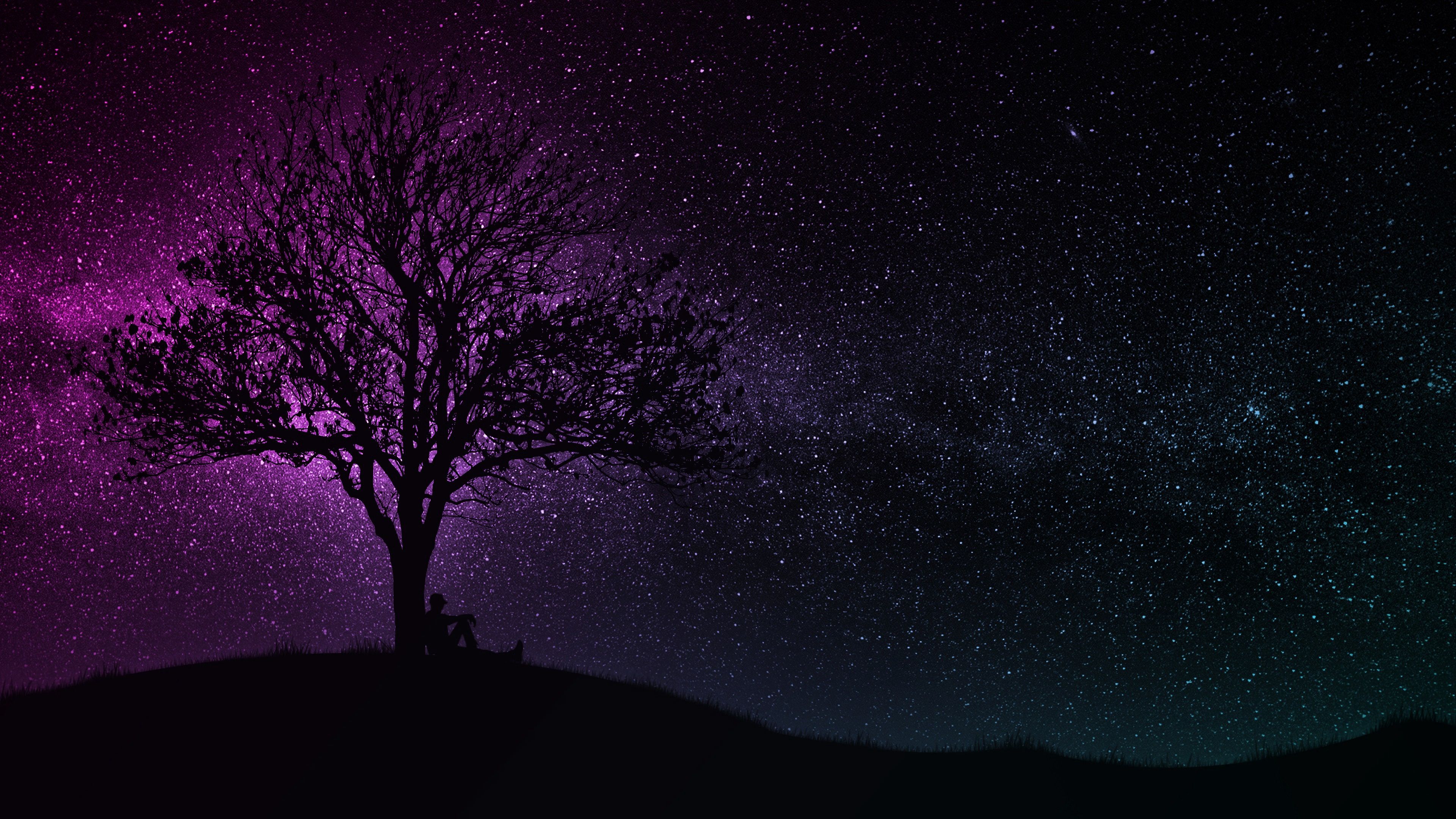 3840x2160 Wallpaper dark, wallpaper, black, art, tree, man, hill, purple for mobile and desktop, section разное, resolution 3840x2160