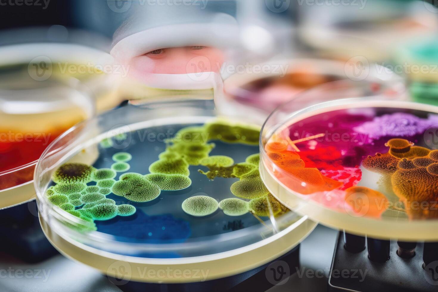 1470x980 Colorful variety of microorganism inside petri dish plate in laboratory with super macro zoom background, including of bacteria, protozoa, algae, and fungi, with