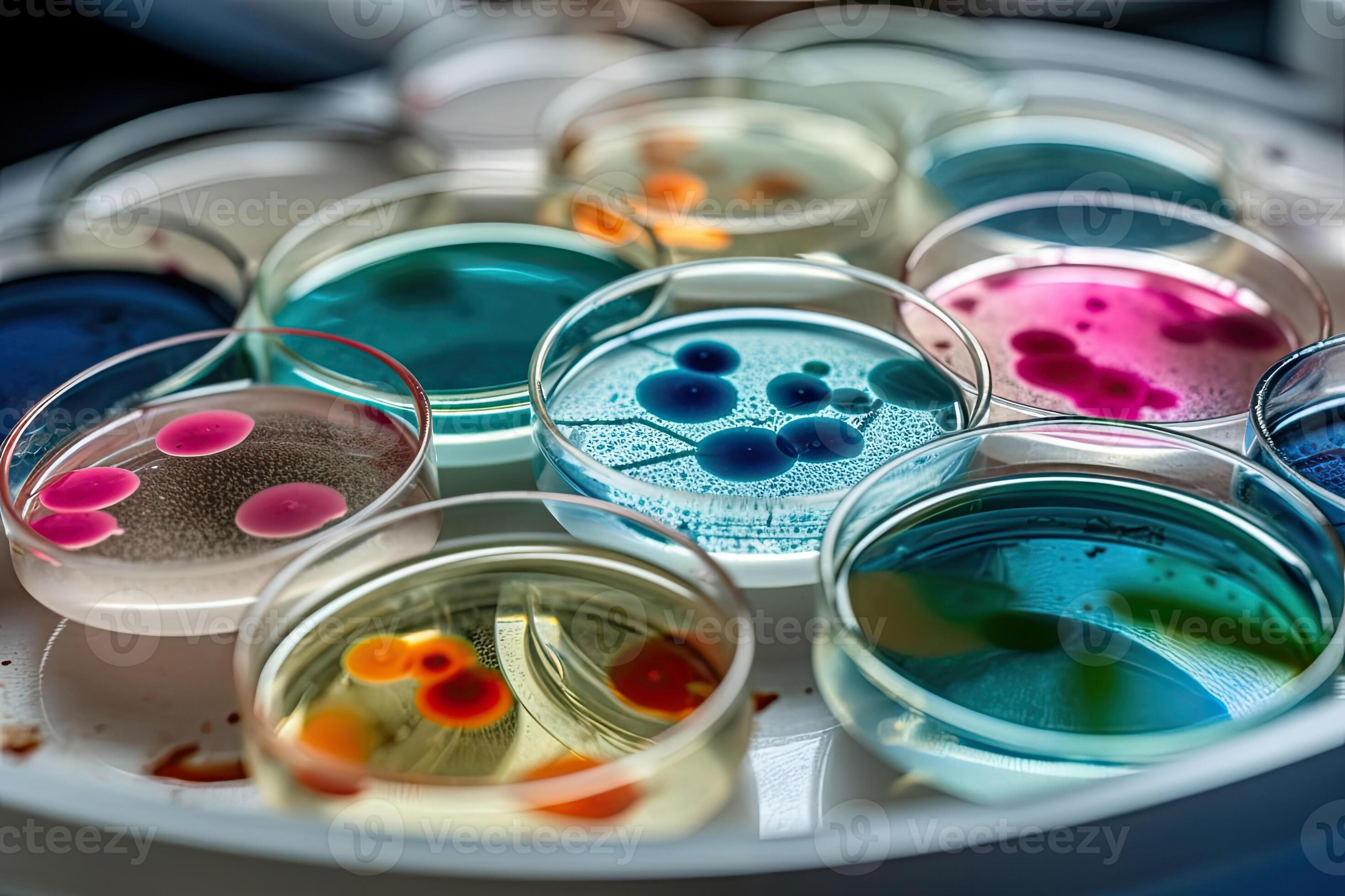 2940x1960 Colorful variety of microorganism inside petri dish plate in laboratory with super macro zoom background, including of bacteria, protozoa, algae, and fungi, with