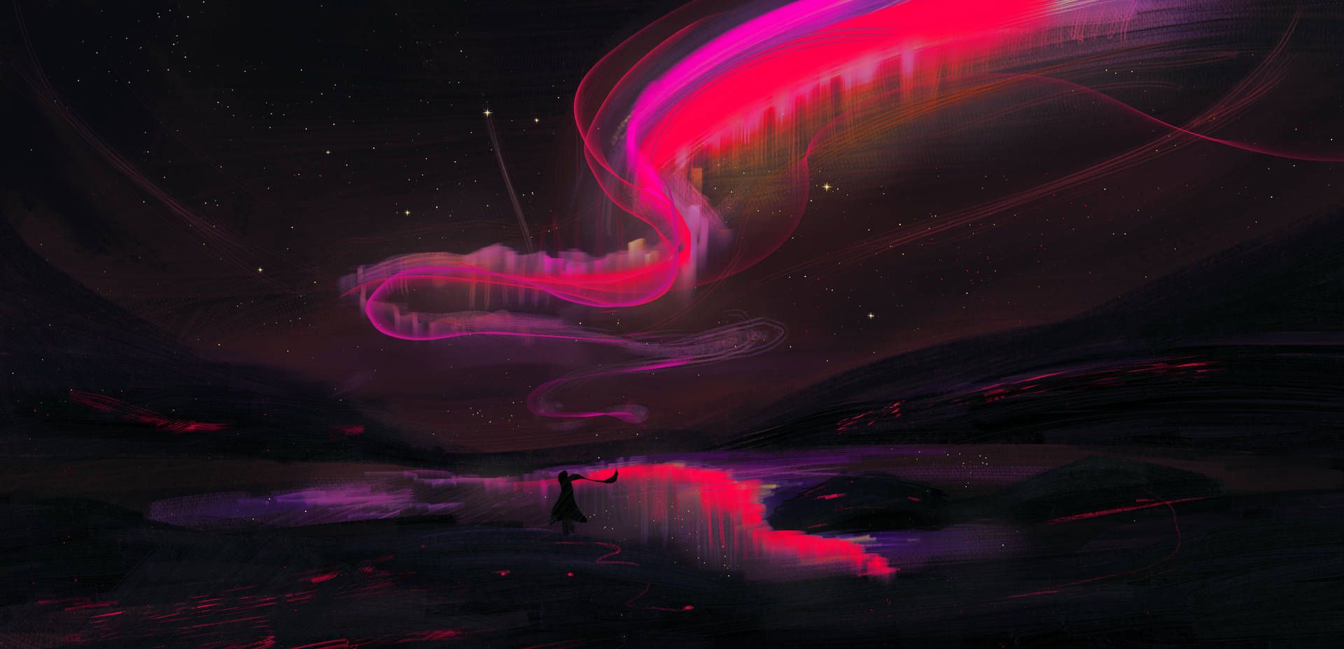 1920x928 Download Pink Aurora Borealis Digital Art Wallpaper