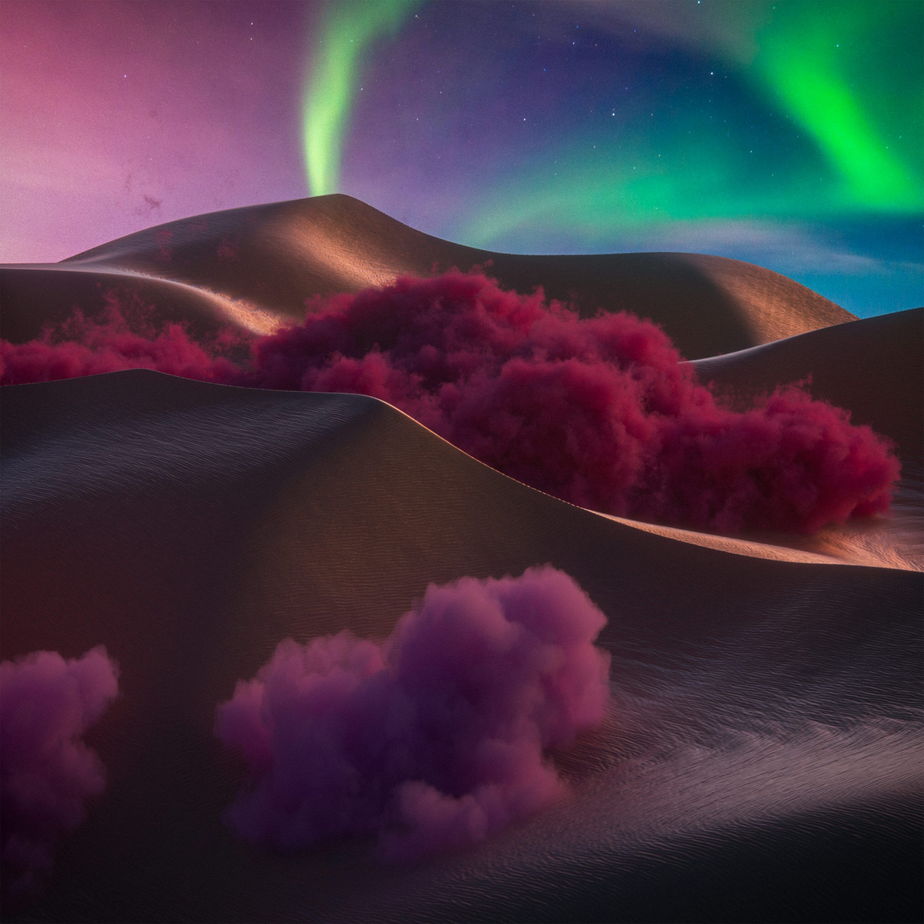 3000x3000 An aurora bore over a desert with pink smoke coming out of it photo