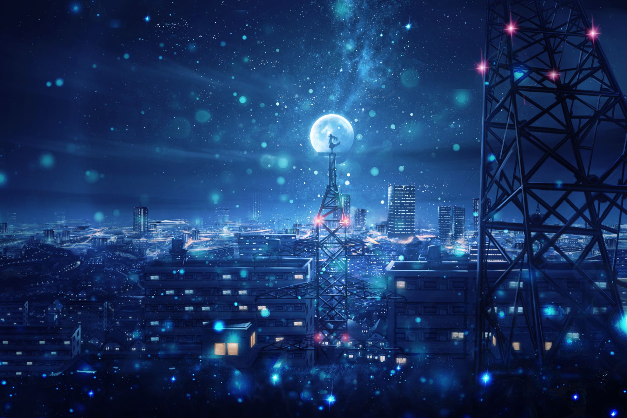 2160x1440 Desktop wallpaper: Anime, City, Tokyo Tower, Snowfall, Night, Sky 4K free download for PC. 1413362