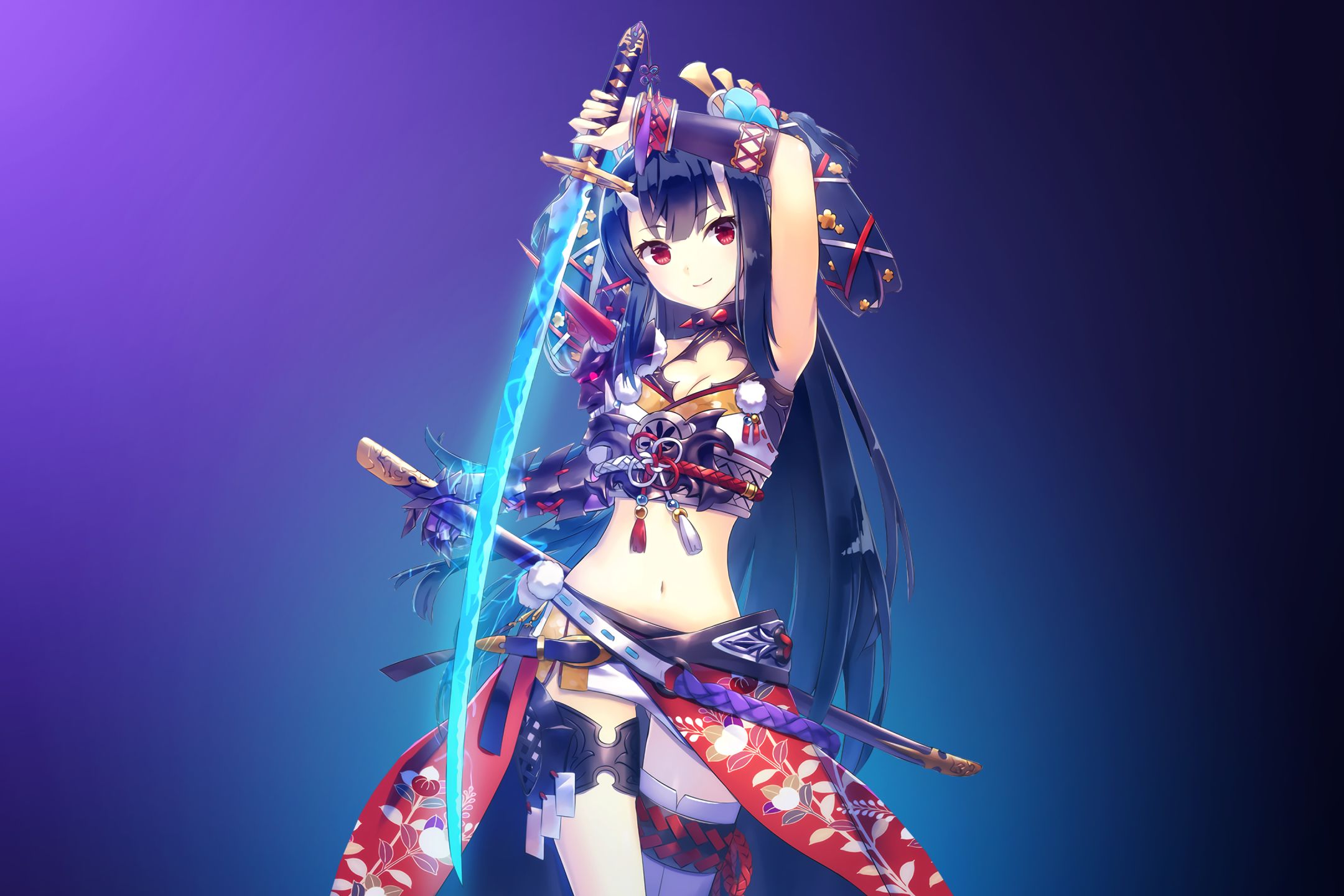 2160x1440 Desktop wallpaper: Anime, Girl, Horns, Sword, Red Eyes, Long Hair 4K free download for PC. 1400174