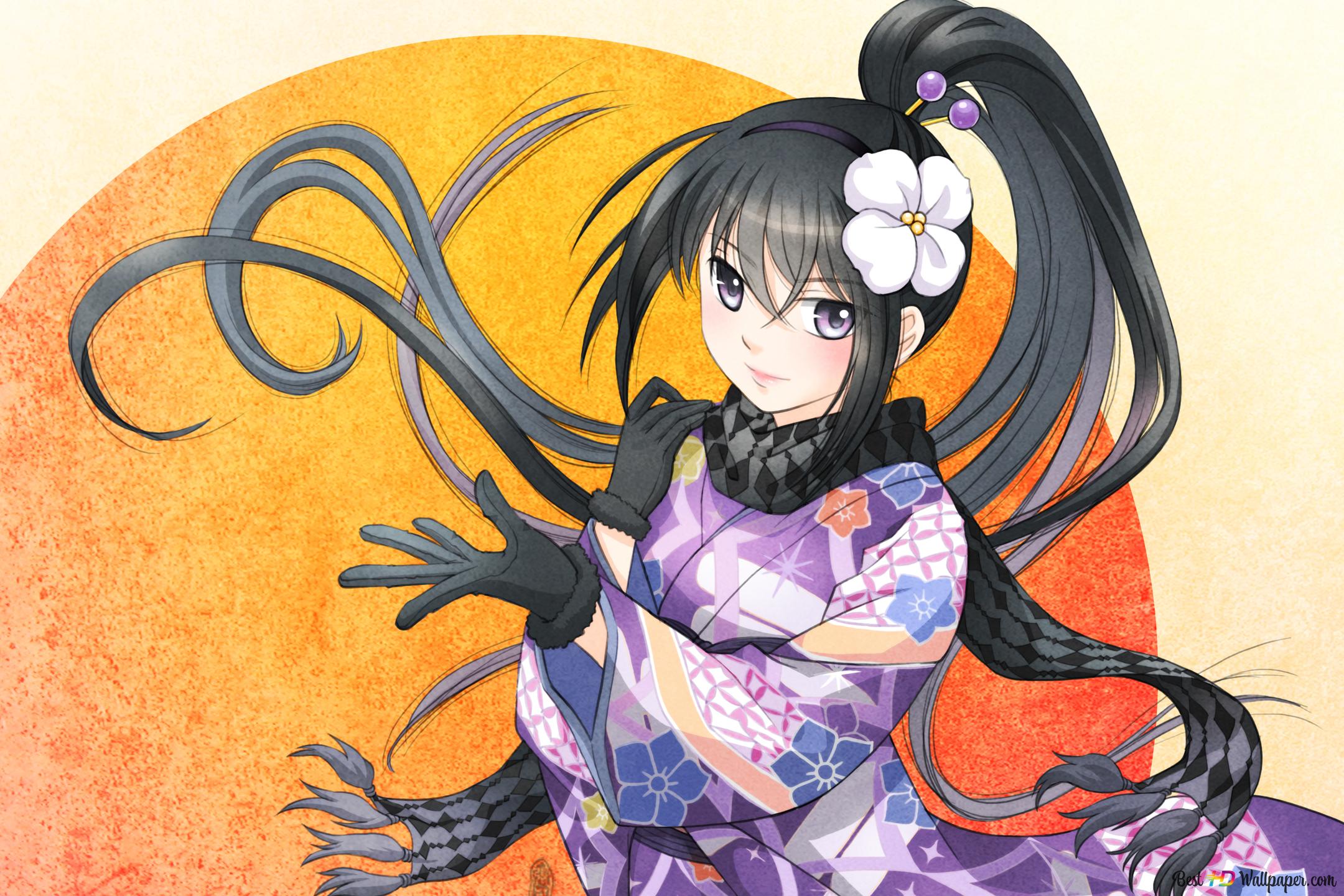 2160x1440 Beautiful anime with long dark hair and traditional dress 2K wallpaper download