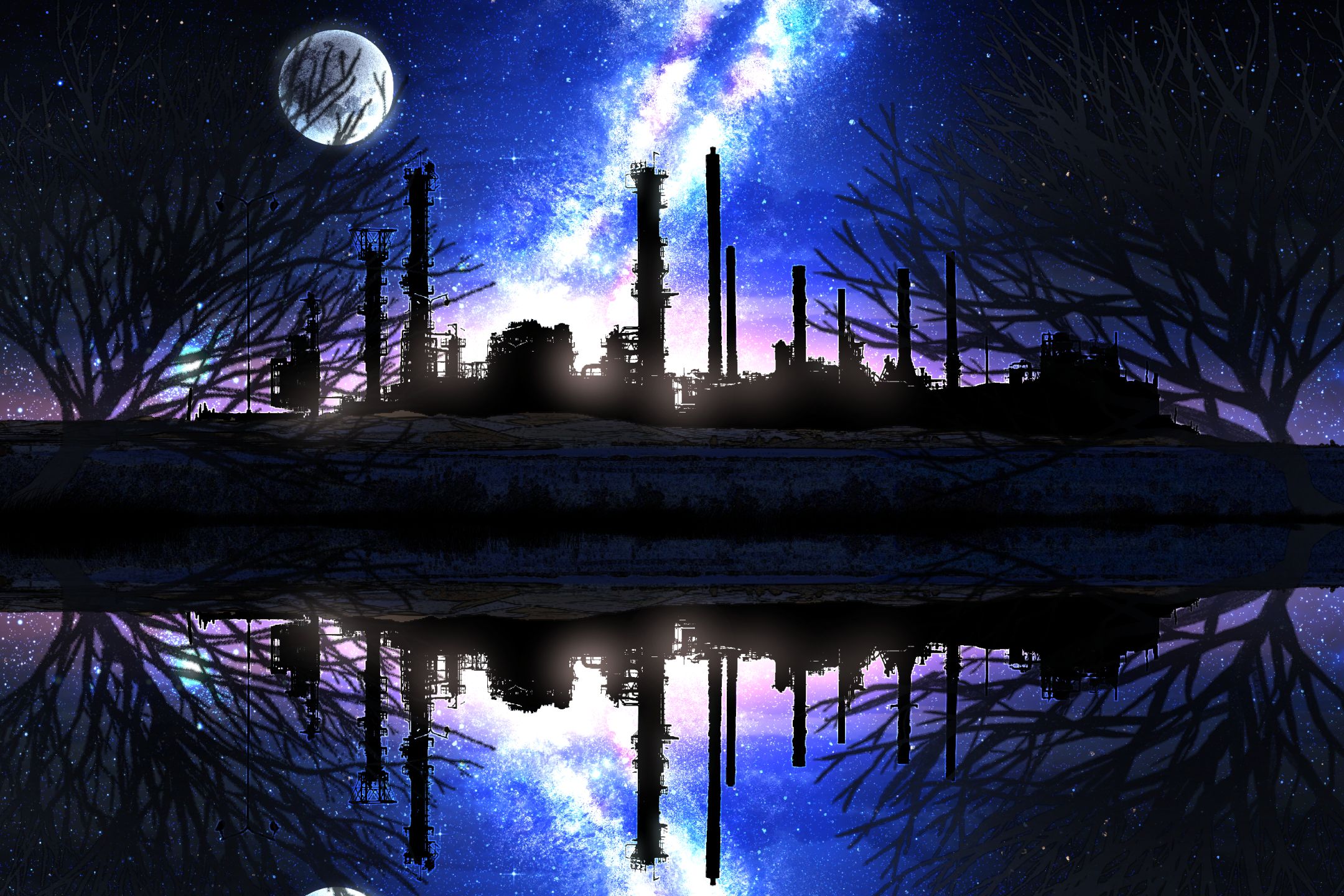 2160x1440 Desktop wallpaper: Anime, Night, Reflection, Starry Sky, Factory, Moon, Lake 4K free download for PC. 1372389