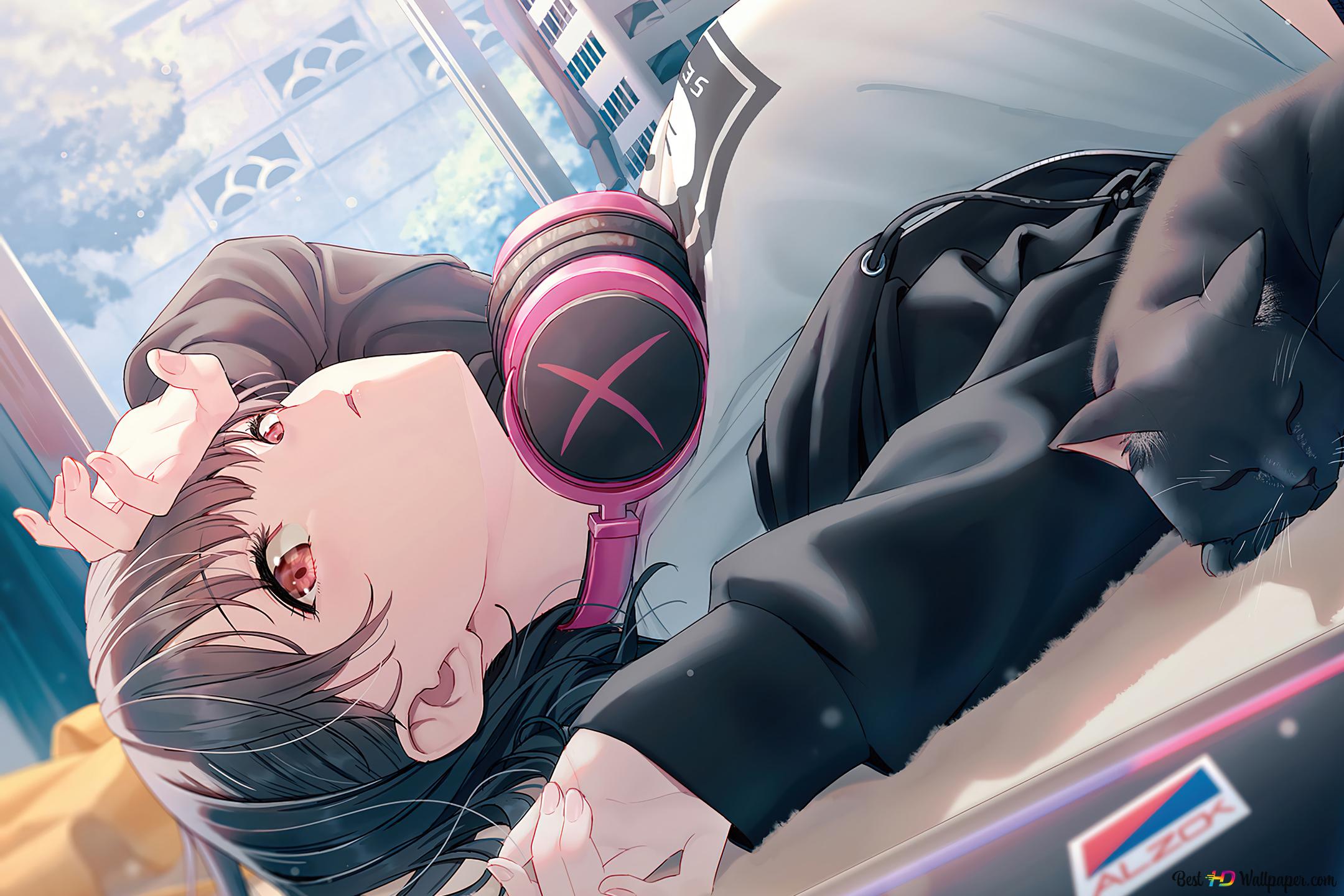 2160x1440 Anime Girl Laying With Cat 4K wallpaper download