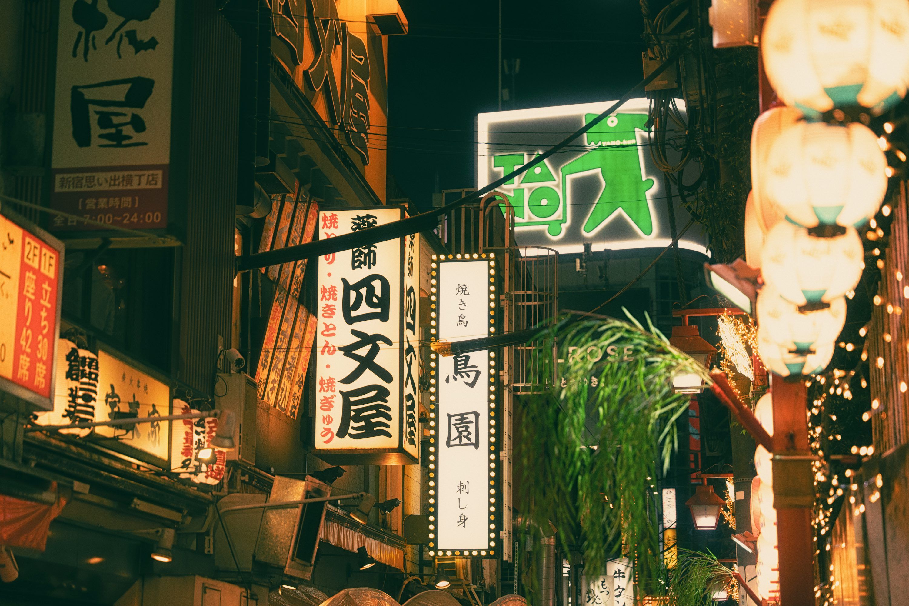3000x2000 Nighttime street scene with glowing japanese signs photo