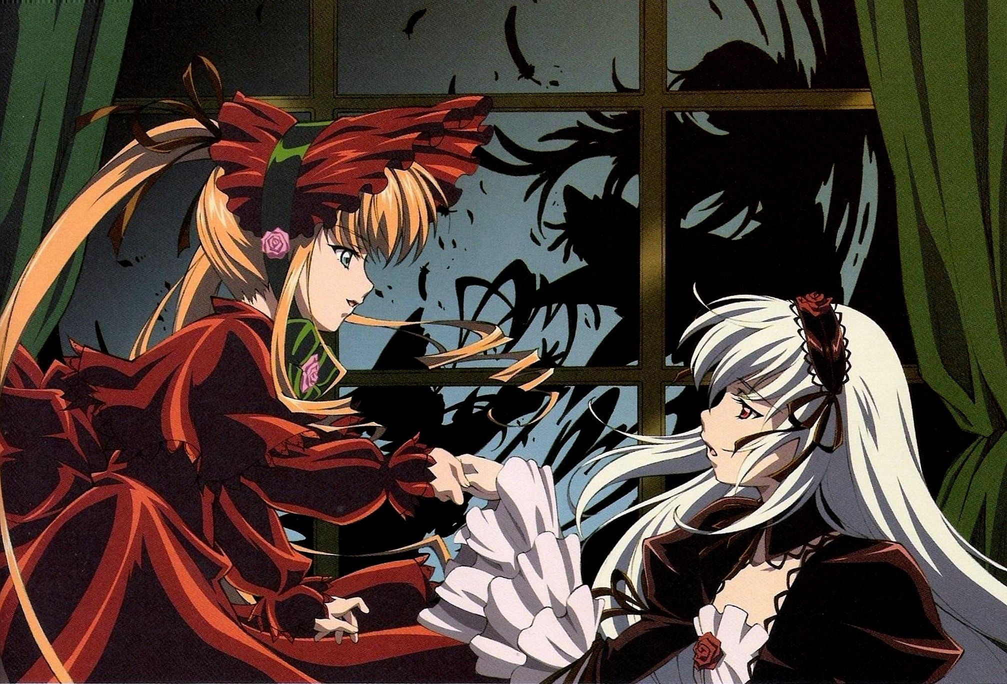 2014x1368 Wallpaper night, shadow, dress, window, dispute, rozen maiden, suigintou, long hair for mobile and desktop, section сёнэн, resolution 2014x1368