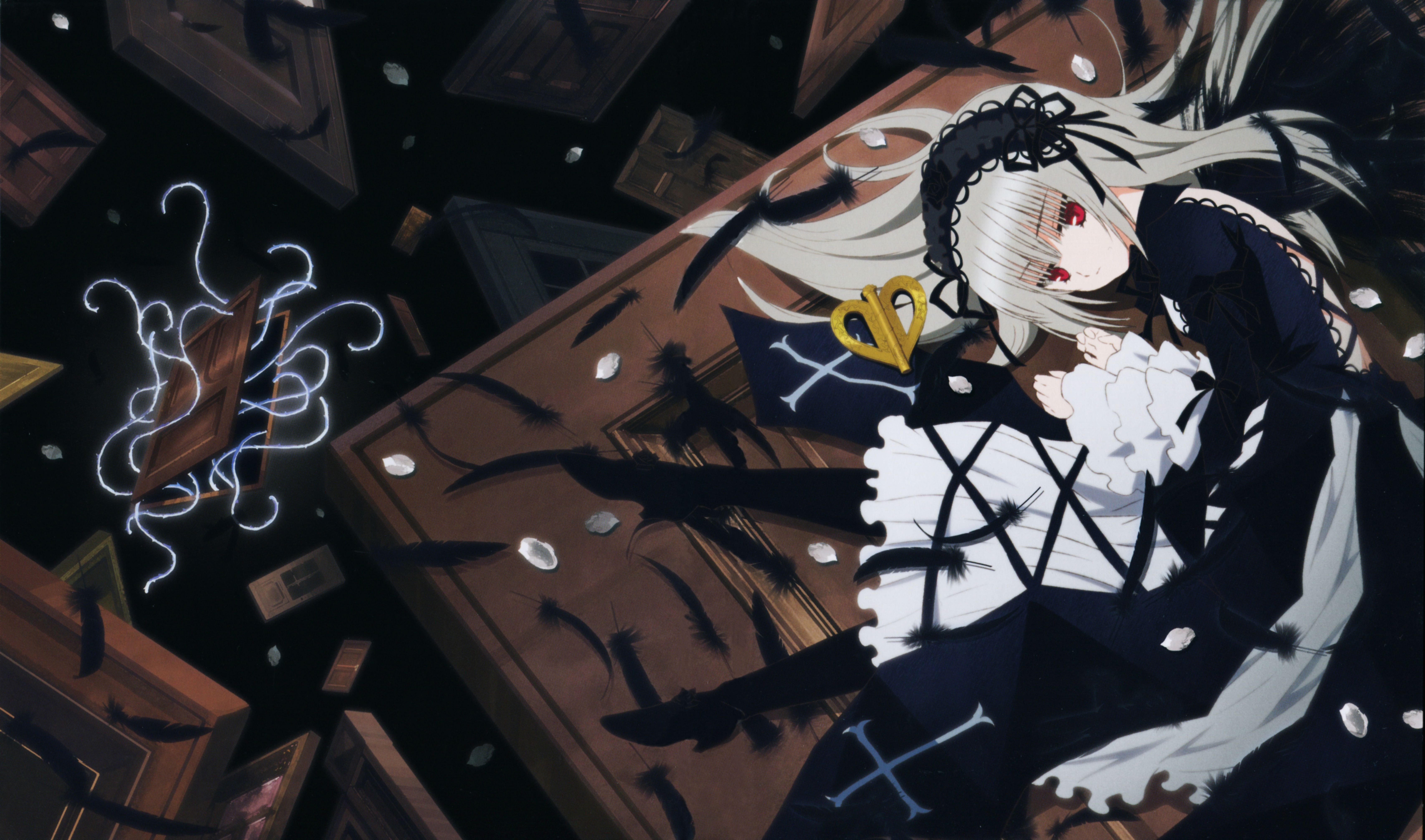 6828x4026 Wallpaper cross, doll, feathers, the door, red eyes, rozen maiden, suigintou, long hair for mobile and desktop, section сёнэн, resolution 6828x4026