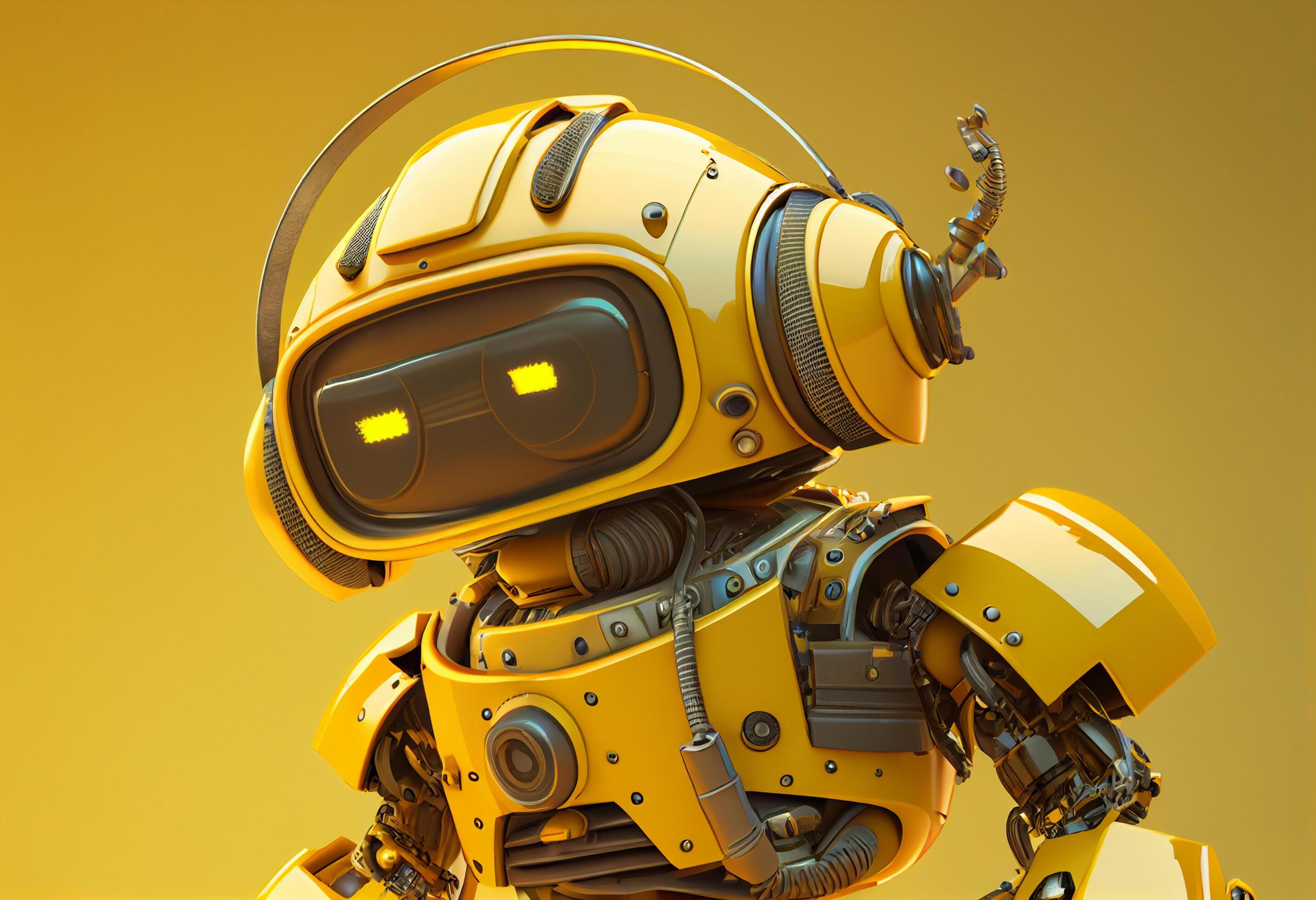 2865x1960 3D rendering of a cute yellow robot on a yellow background with copy space