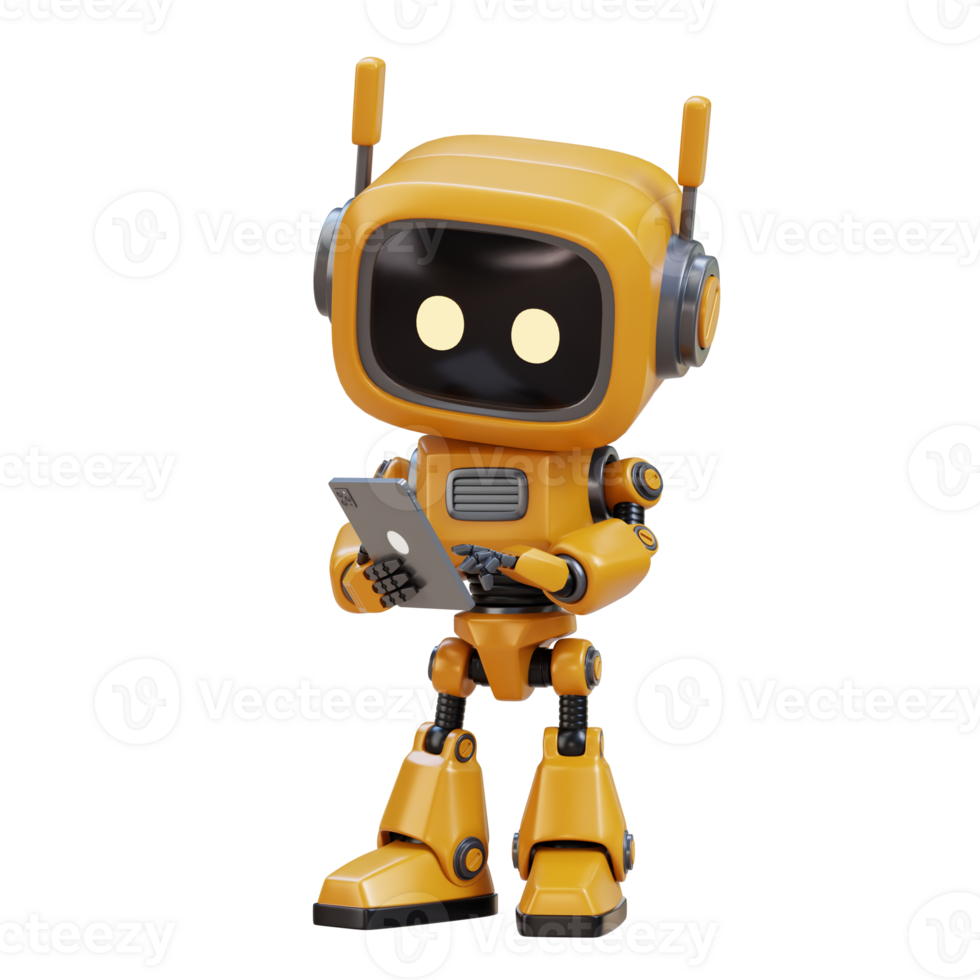 980x980 3D Yellow Cute Robot Working and Touching a Tablet 73094535 PNG