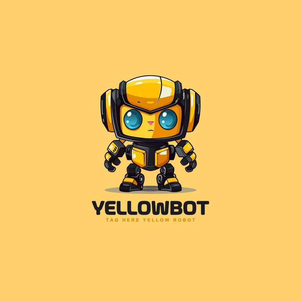 980x980 cute adorable cartoon bee robot standing in black yellow color. yellow black robot mascot logo vector illustration