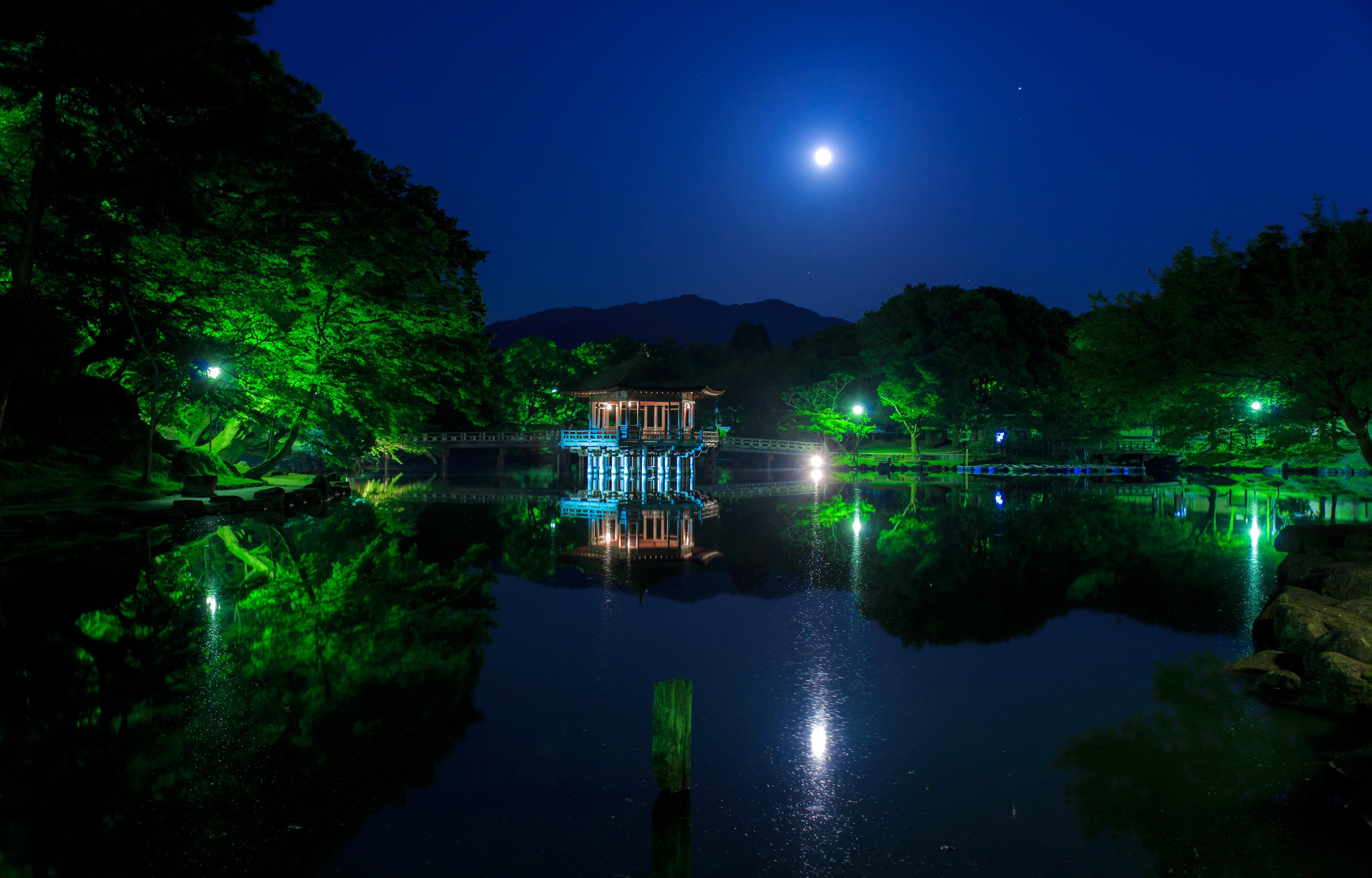 4000x2560 japan, Parks, Pond, Pagodas, Trees, Night, Moon, Ukimido, Nature Wallpaper HD / Desktop and Mobile Background