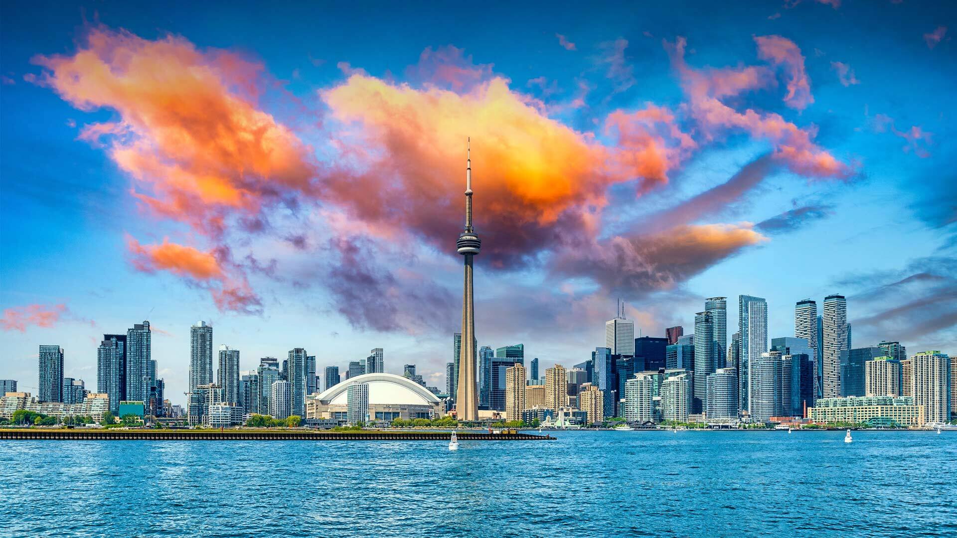 1920x1080 Toronto City Lake Ontario Canada CN Tower Skyline Sunrise Orange Clouds