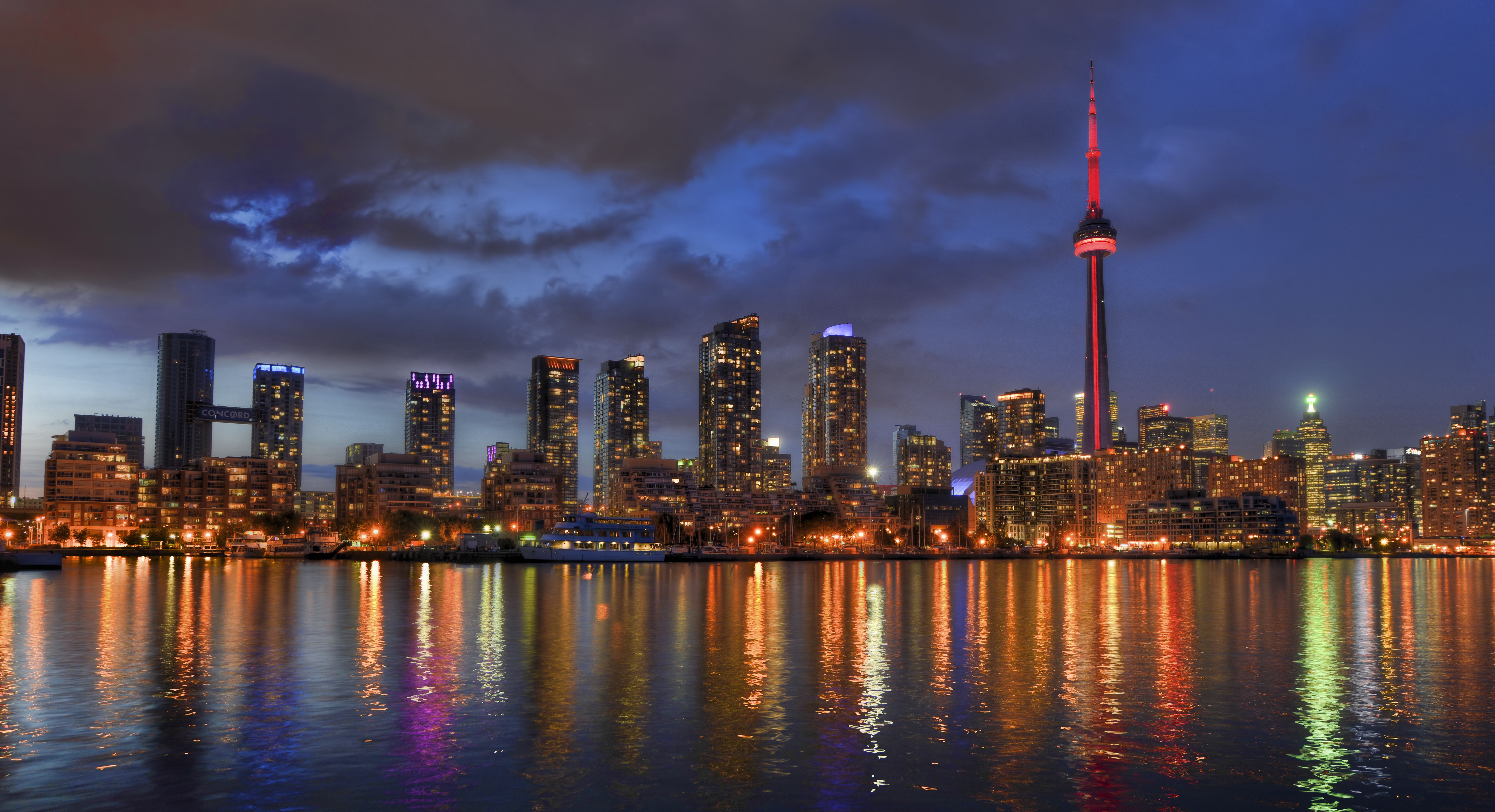 7088x3852 Wallpaper lights, lights, reflection, Canada, Toronto, Canada, Toronto, reflection for mobile and desktop, section город, resolution 7088x3852