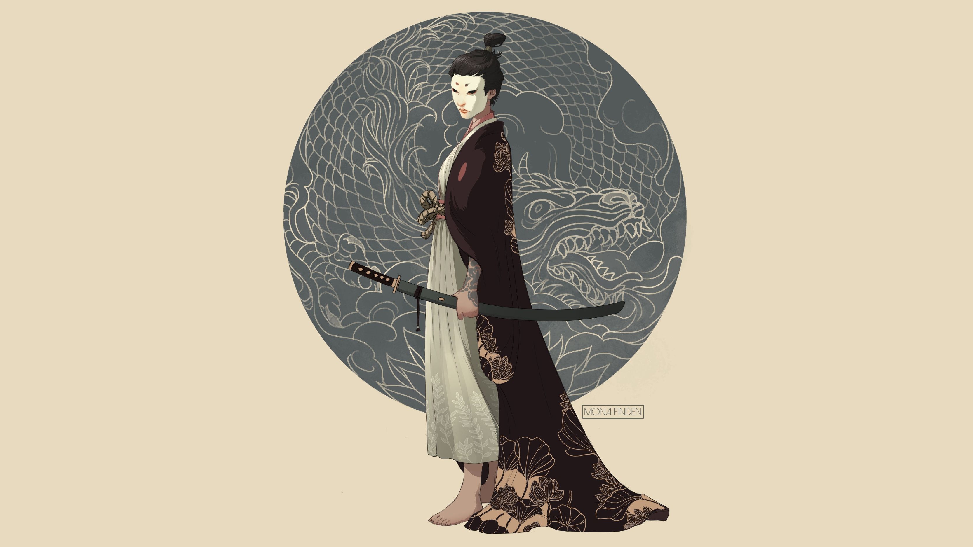 3333x1875 Wallpaper sword, fantasy, weapon, katana, dragon, samurai, digital art, artwork for mobile and desktop, section минимализм, resolution 3333x1875