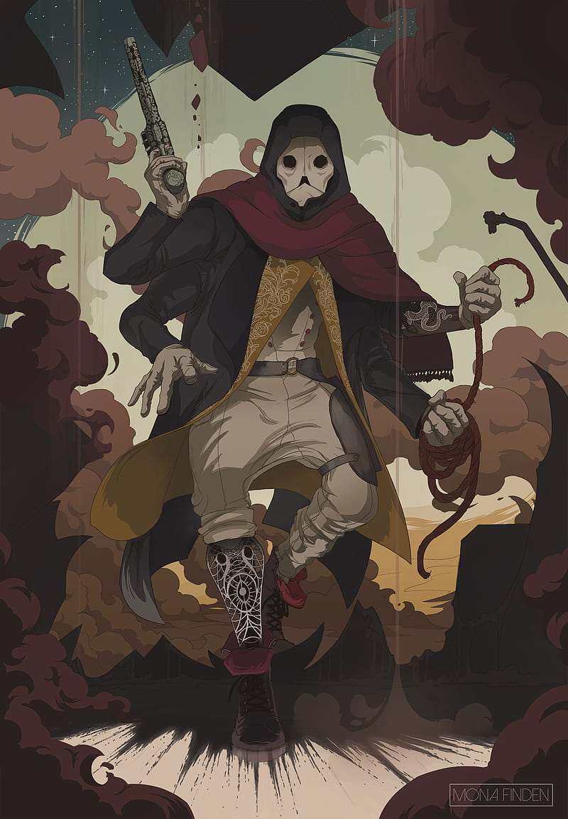 800x1154 Mona Finden, illustration, hands, gun, ropes, smoke, mask, hood, la maquina, HD phone wallpaper