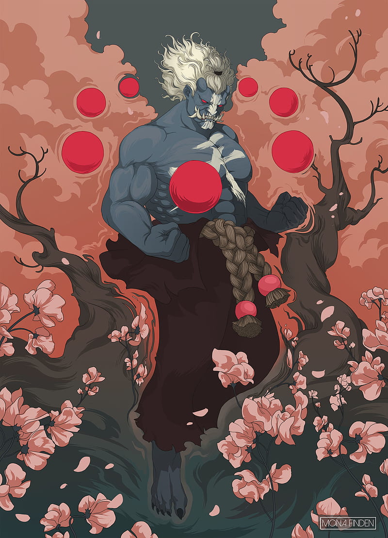 800x1108 Mona Finden, illustration, men, trees, petals, blue skin, sheets, tattoo, demon, HD phone wallpaper