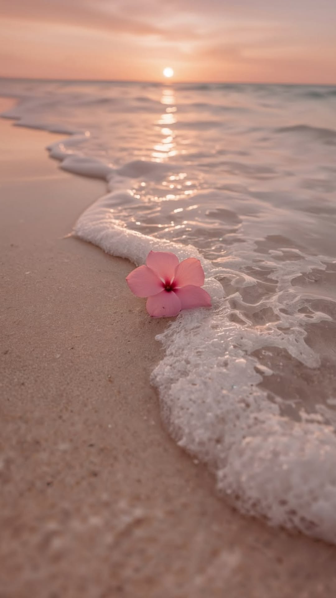 1080x1920 Tcl Phone Models A Pink Flower Laying On Top Of A Sandy Beach Next To The Ocean