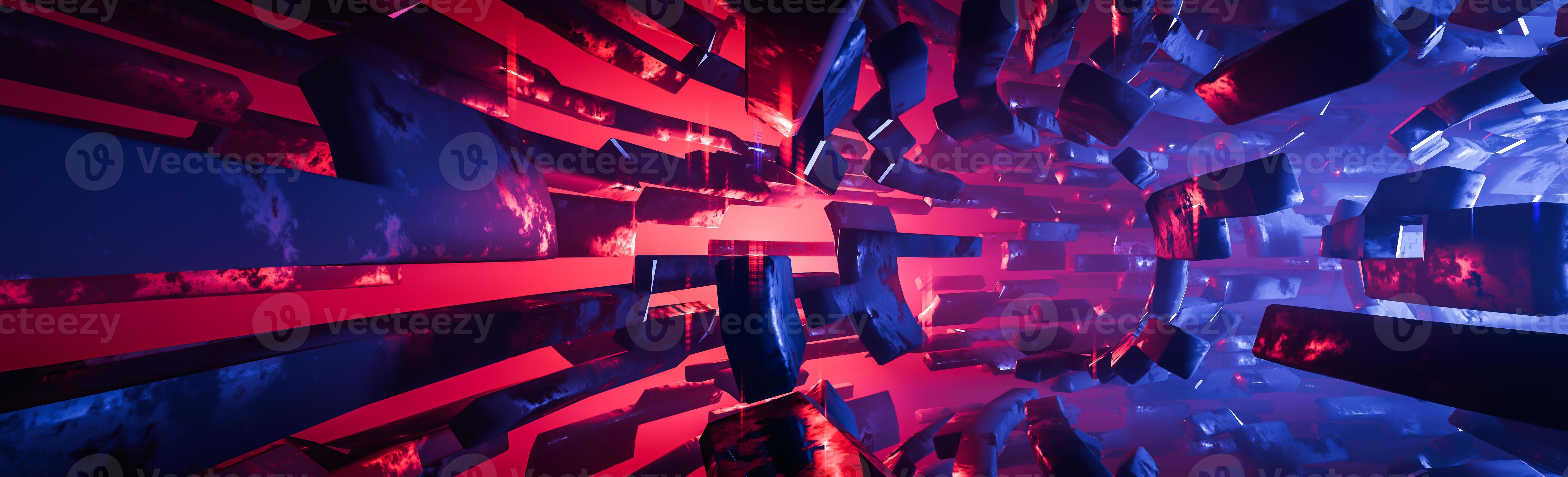 6439x1960 Abstract Geometric Background Sci Fi Construction Of Tube Or Space Station Blue Red Glowing Light., 3D Model And Illustration