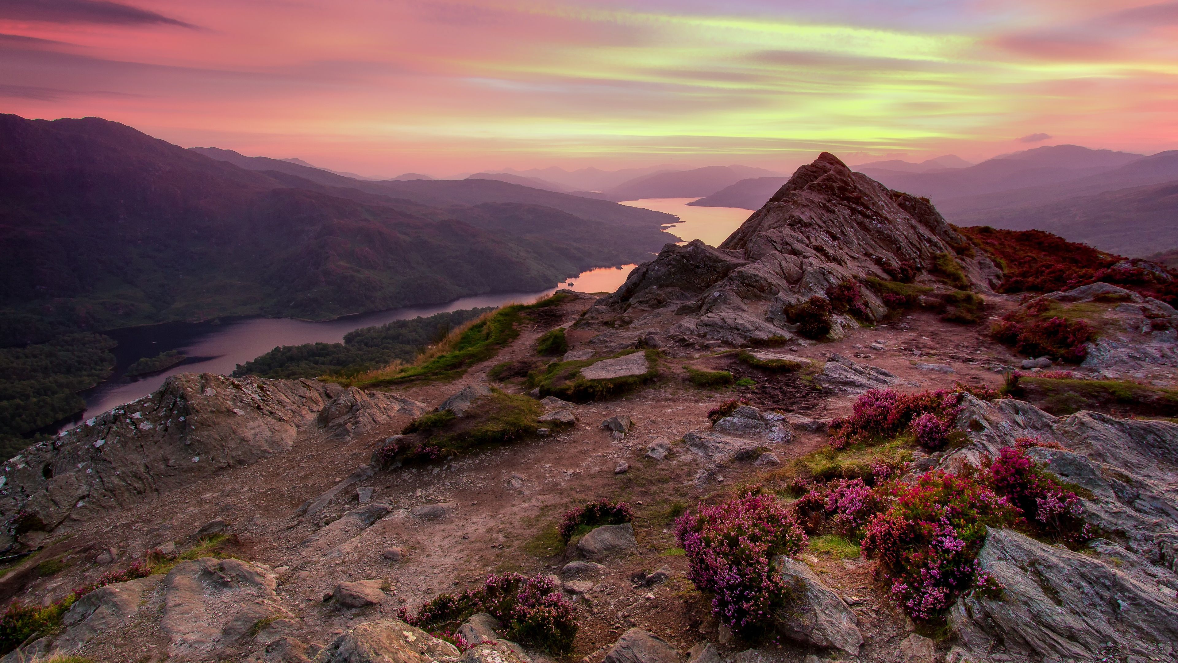 3840x2160 Loch Katrine Wallpaper 4K, Viewpoint, Scotland, Sunset